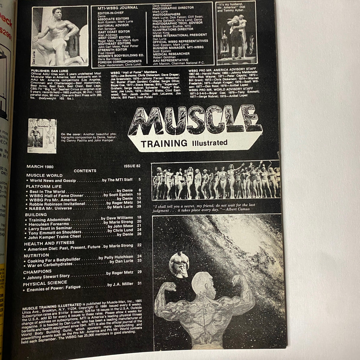 Cover page of Muscle Training Illustrated March 1980 featuring the title and contents including training features and athlete profiles. Contains information on bodybuilding events and training advice.