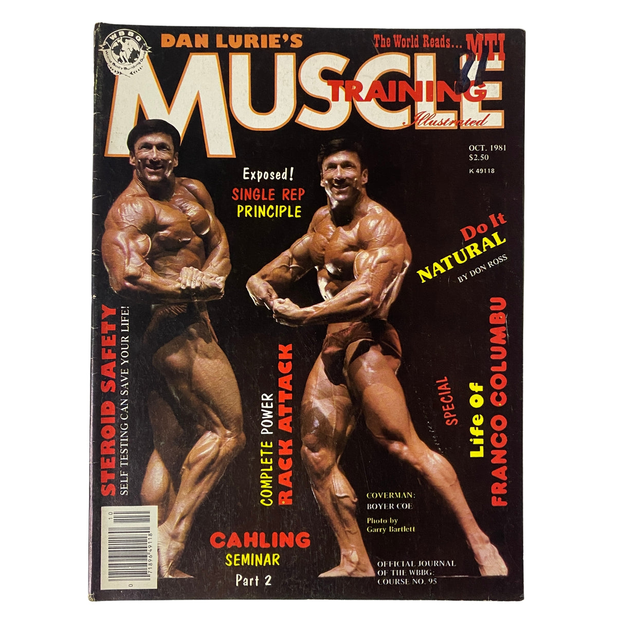 Muscle Training Illustrated October 1981, No. 95 cover featuring Boyer Coe, showcasing bodybuilding excellence with headlines on steroid safety, power rack training, Franco Columbu's life, and a seminar by Andreas Cahling.