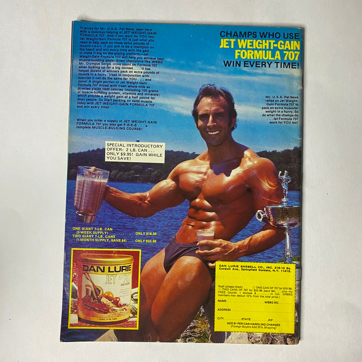 Back cover of Muscle Training Illustrated July 1984 No. 115 showcasing a muscular male bodybuilder promoting Jet Weight-Gain Formula 707, highlighting fitness and nutrition.