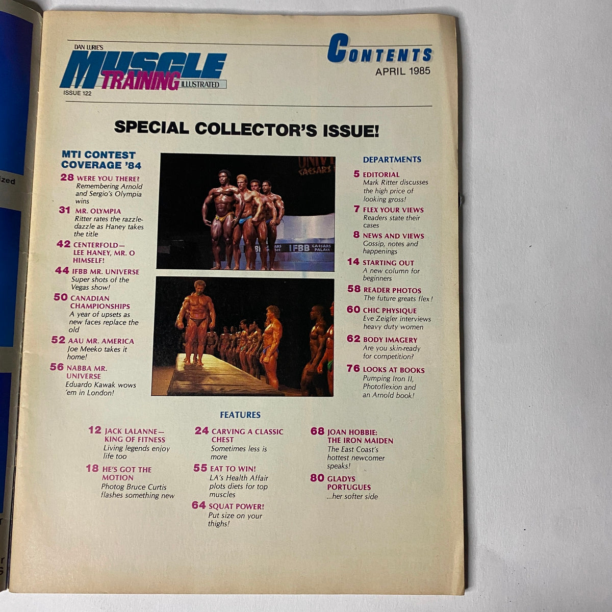 Inside page of Muscle Training Illustrated, April 1985, No. 122 showing the table of contents for the special collector's issue, including features and contest coverage.