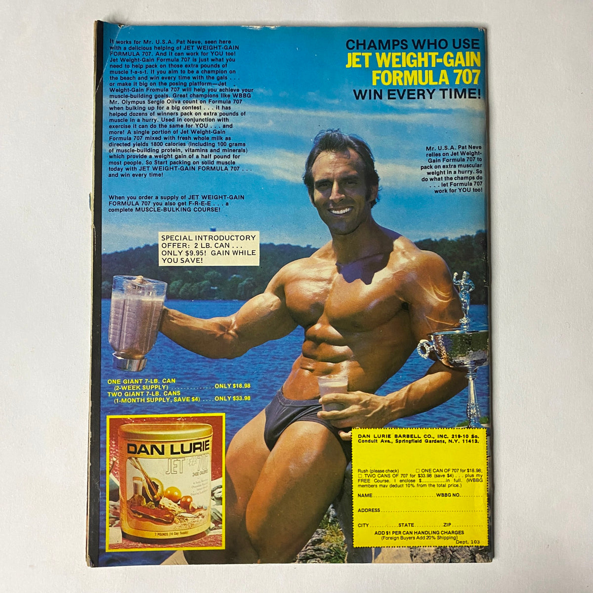 Jet Weight-Gain Formula 707 advertisement from Muscle Training Illustrated, April 1985, No. 122, featuring a muscular bodybuilder promoting the product.