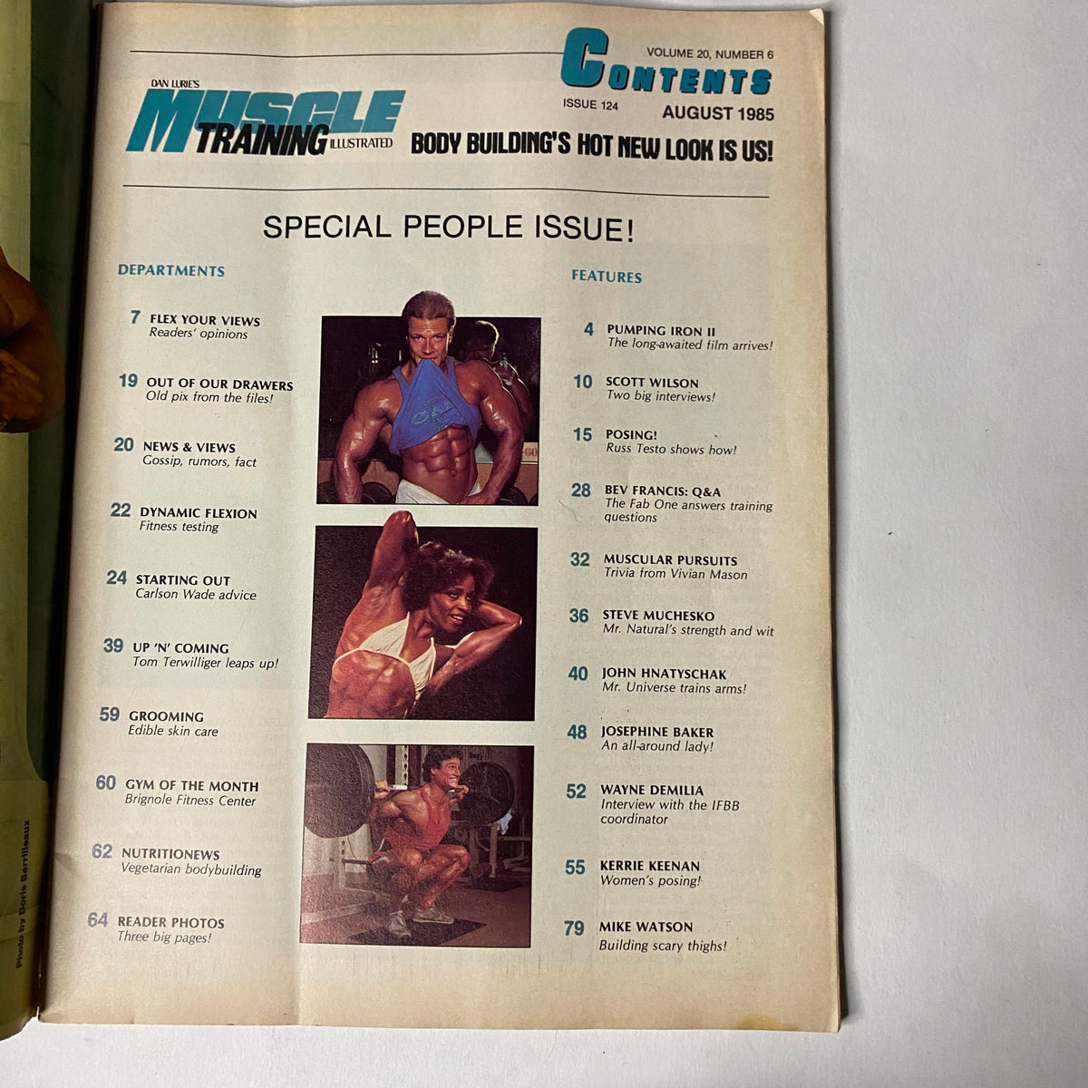 Table of contents from Muscle Training Illustrated August 1985 No. 124, listing articles and departments including exclusive interviews and training features.