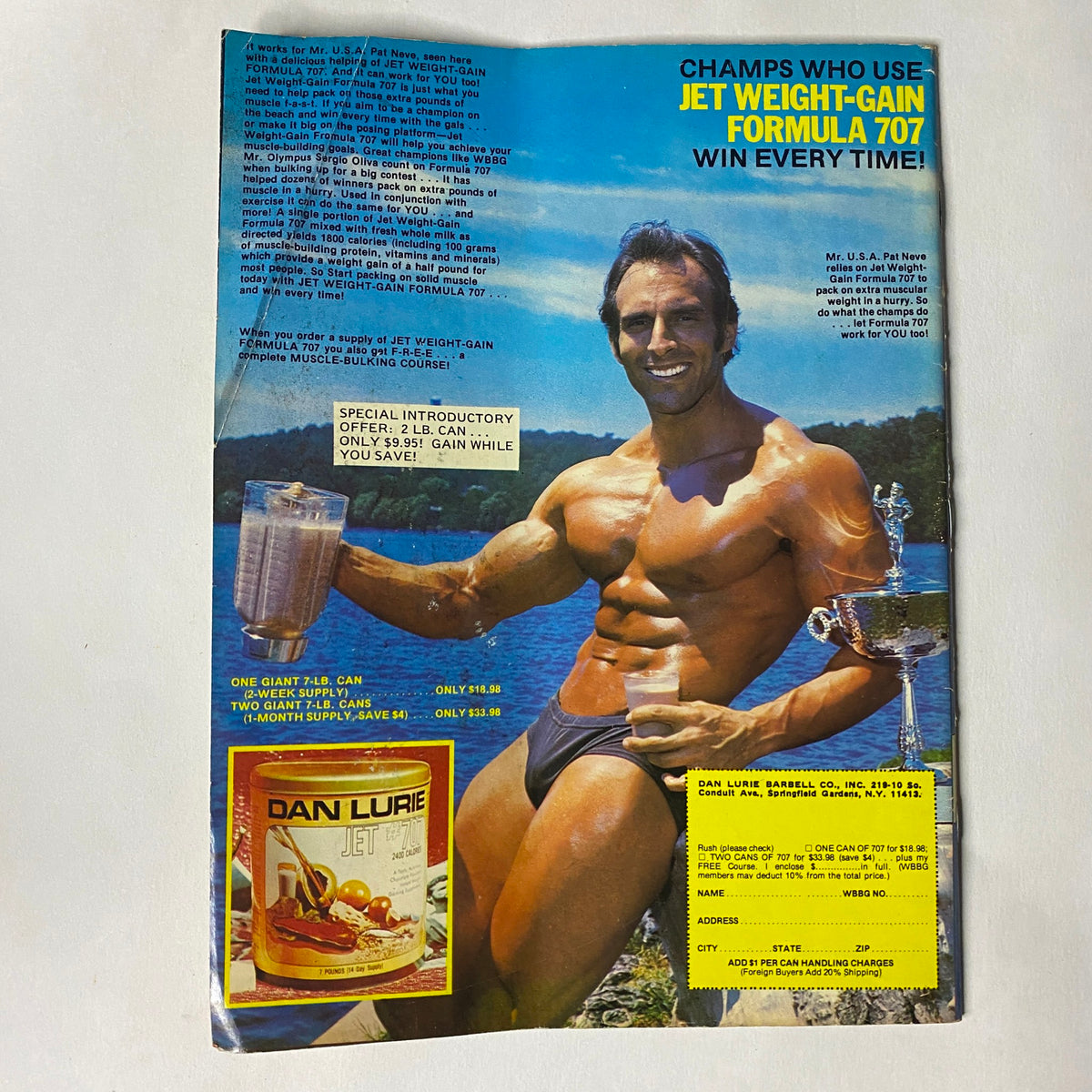 Back cover of Muscle Training Illustrated, February 1985, No. 120, featuring an advertisement for Jet Weight-Gain Formula 707 with a muscular man displaying fitness and strength, promoting nutrition for bodybuilding.