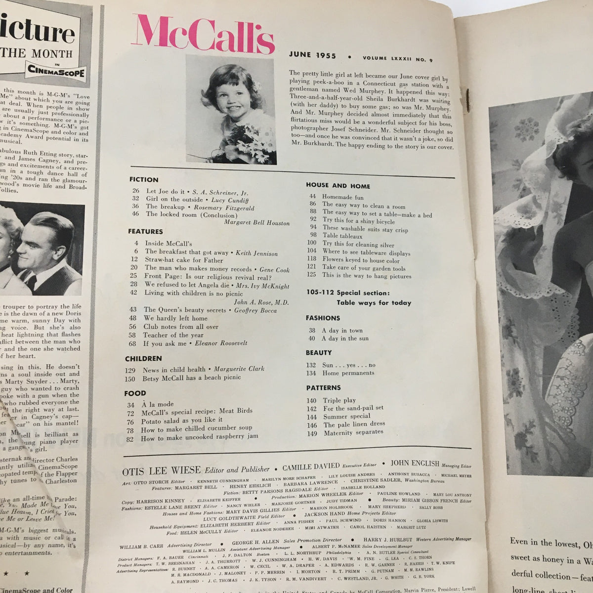 Inside page of McCall's Magazine June 1955 displaying contents and featured articles alongside a photograph of a young girl.