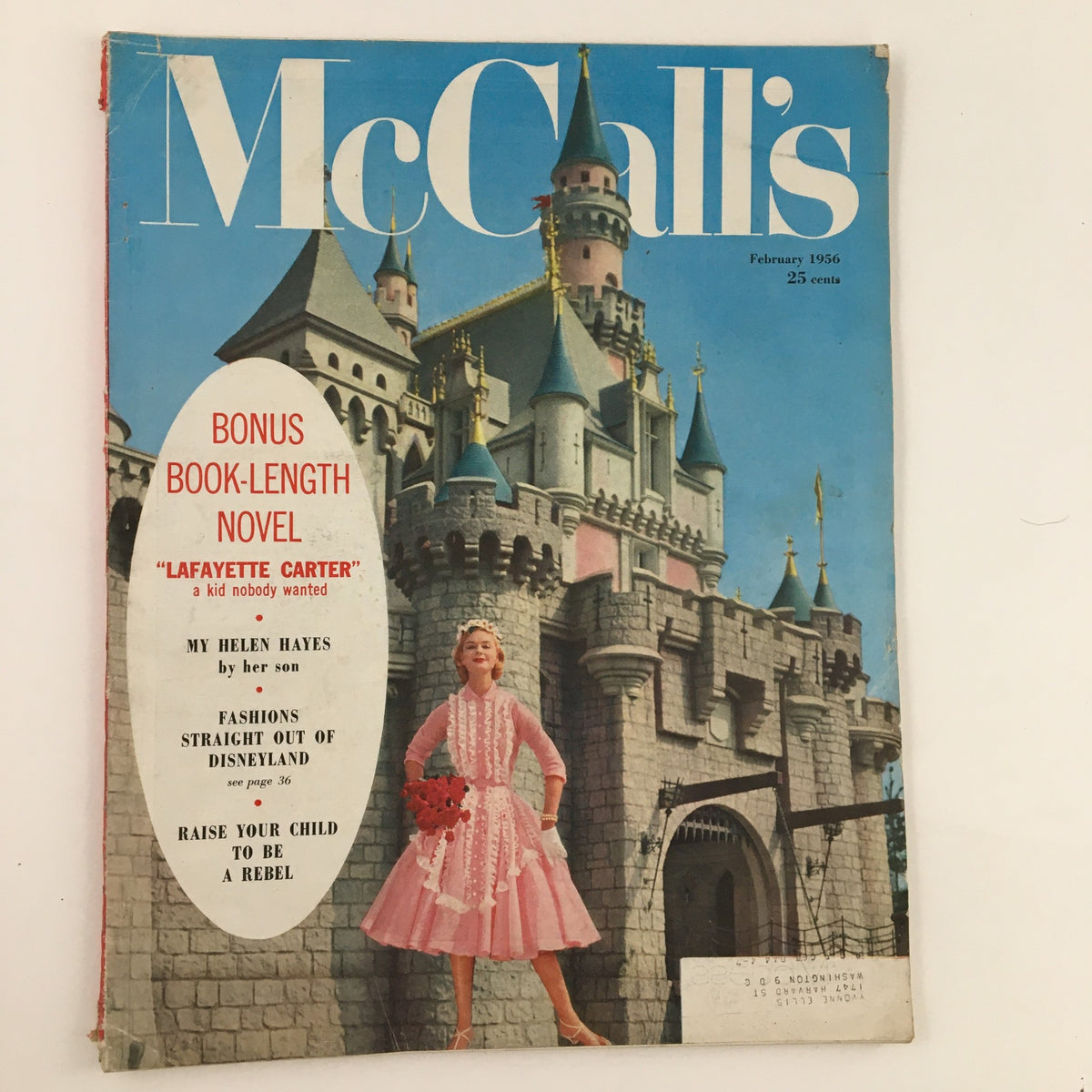 Cover of McCall's Magazine February 1956 featuring a beautiful castle and a woman in a pink dress. The magazine includes articles such as 'Raise Your Child To Be A Rebel' and 'My Helen Hayes.'
