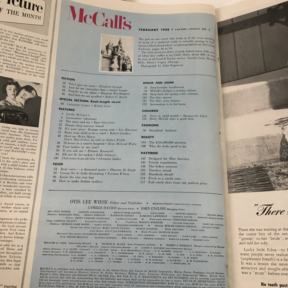 Interior page of McCall's Magazine February 1956 showcasing the table of contents including features and articles such as 'Meet My Helen Hayes' and other topics related to parenting and culture.