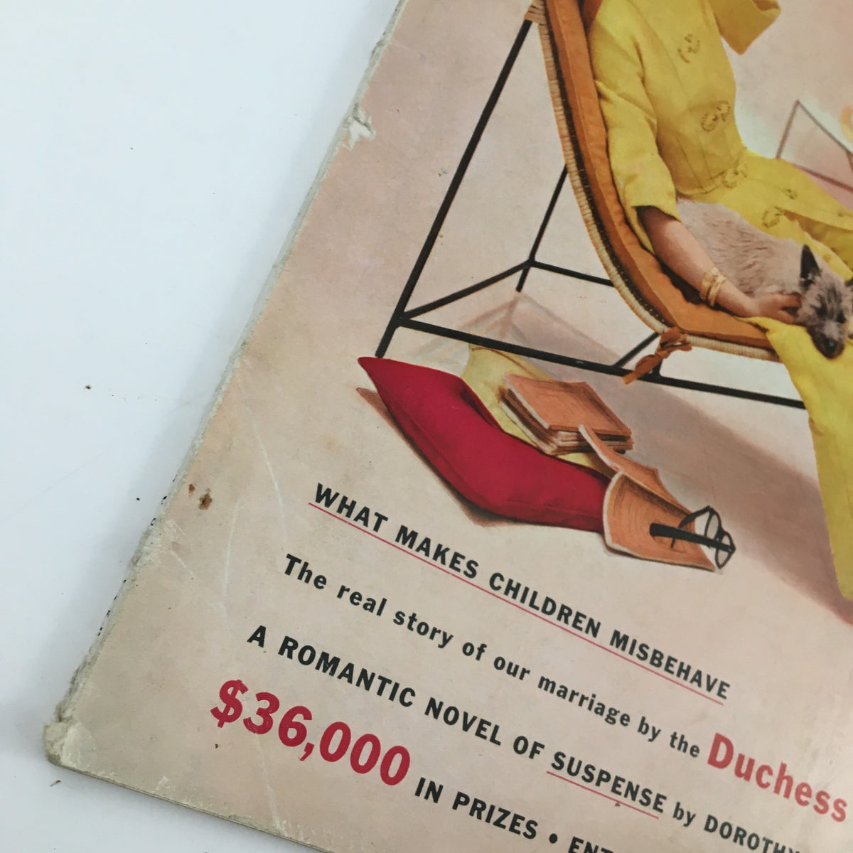 Cover detail of McCall's Magazine August 1956 featuring the story of our marriage by the Duchess of Windsor, showcasing vintage design elements and a charming pet.