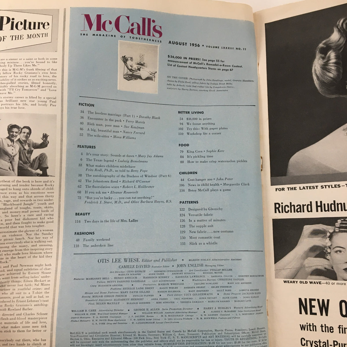 Table of contents from McCall's Magazine August 1956, outlining articles including the exclusive narrative by the Duchess of Windsor, presented in a vintage magazine layout.
