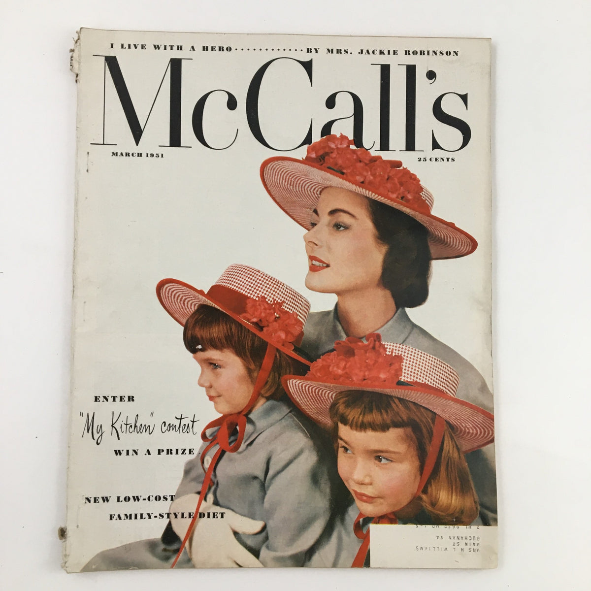 Cover of McCall's Magazine March 1951 featuring a woman and two girls in hats, highlighting the New Low-Cost Family-Style Diet article.