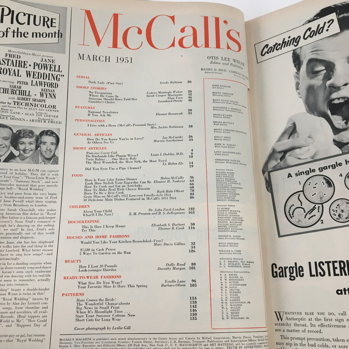 Inside page of McCall's Magazine March 1951, displaying the table of contents and various articles including those on family food and diets.