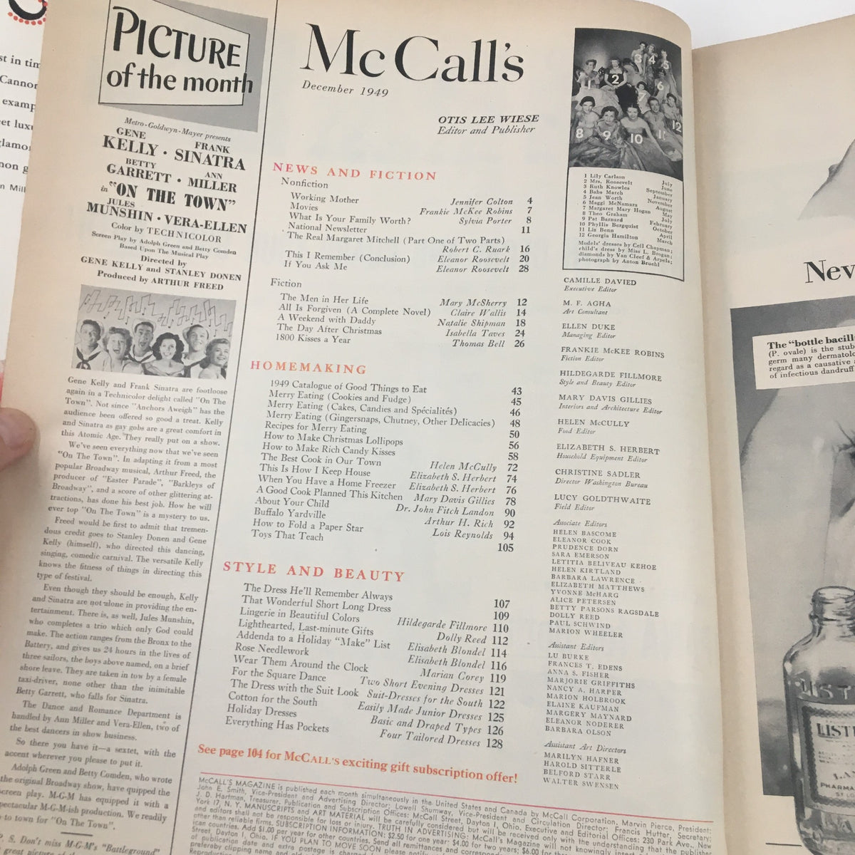 Interior page of McCall's Magazine December 1949 listing articles and features from the magazine, showcasing the nostalgic design and layout.