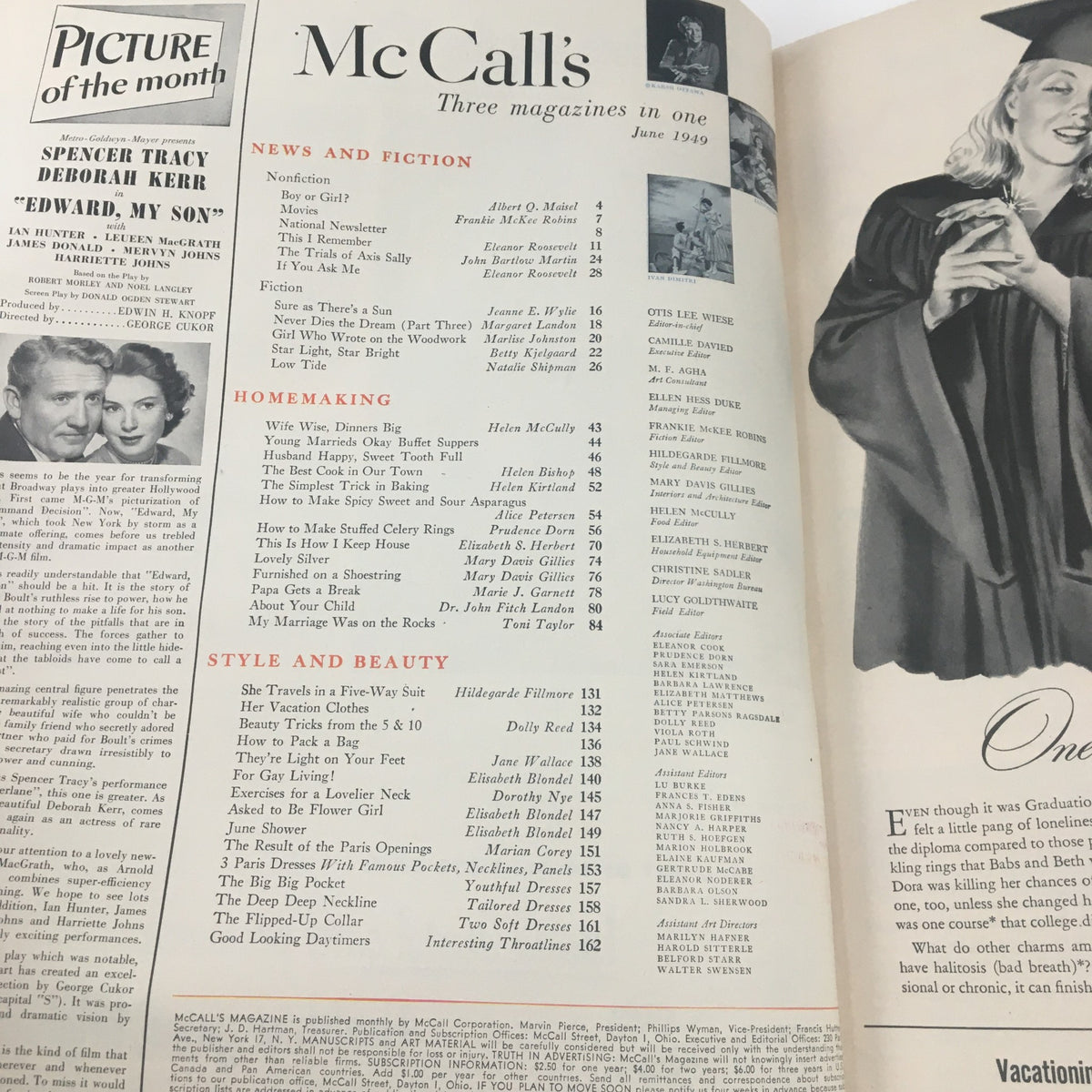 McCall's Magazine June 1949 contents page featuring articles on homemaking, news, fiction, style, and beauty. Includes a recipe for Spicy Sweet & Sour Asparagus.