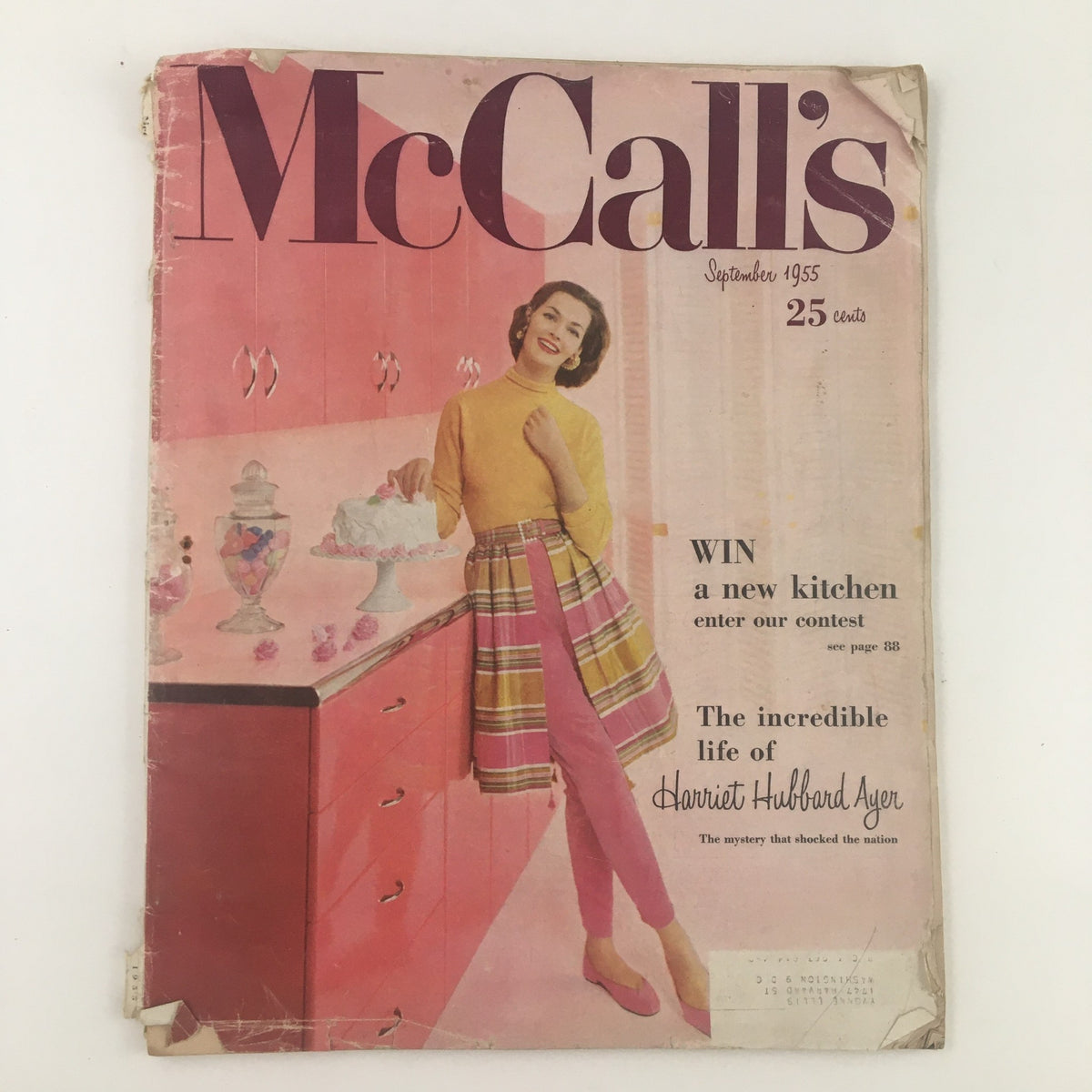 McCall's Magazine September 1955 cover featuring a retro design with a smiling woman in a stylish outfit, showcasing the theme of 'The Incredible Life of Harriet Hubbard Ayer'.