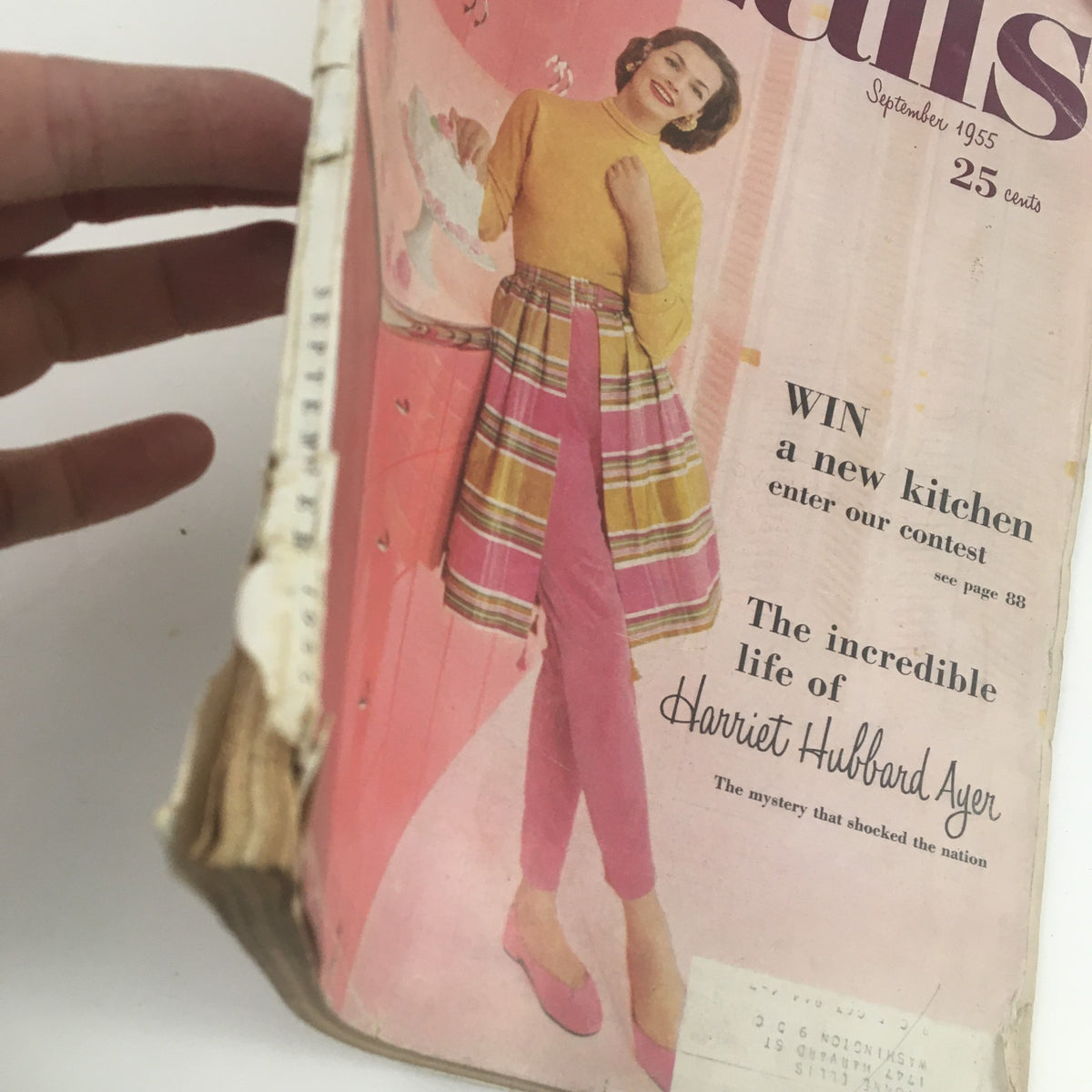 Cover of McCall's Magazine September 1955 showcasing a woman in vintage fashion with the title 'The Incredible Life of Harriet Hubbard Ayer'. Highlights include pastel colors and 1950s style outfit.