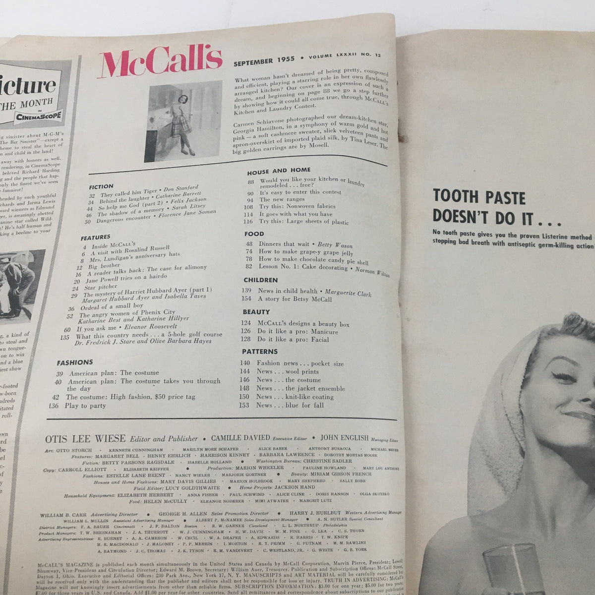 Contents page of McCall's Magazine September 1955 featuring articles and fashion tips, including a feature on Harriet Hubbard Ayer.