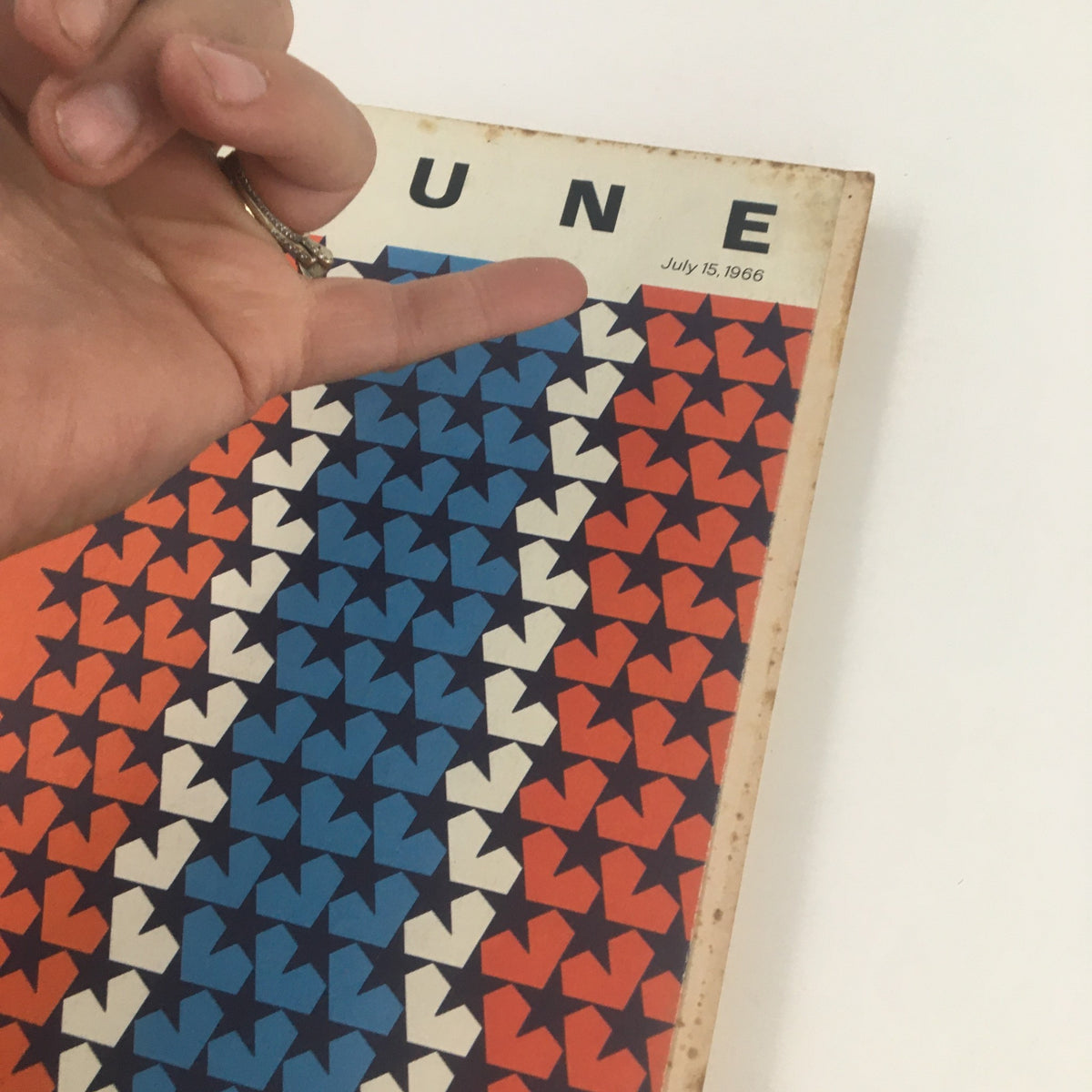 Close-up view of the Fortune Magazine cover dated July 15, 1966, displaying colorful patterns and highlighting the magazine's title logo.