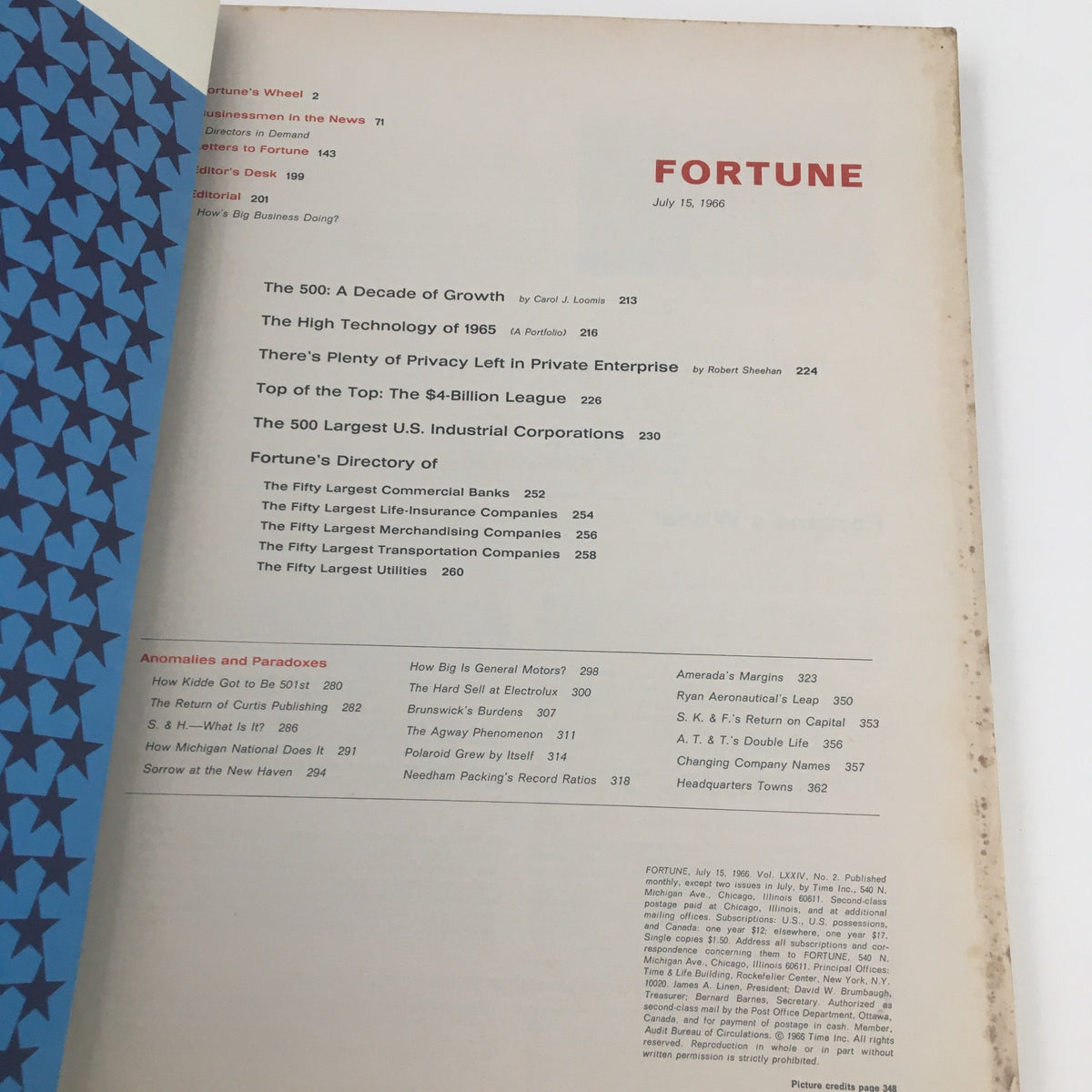 Table of contents from Fortune Magazine dated July 15, 1966, showcasing articles on major U.S. corporations, economic growth, and technology advancements, highlighting its focus on the largest corporations during that era.