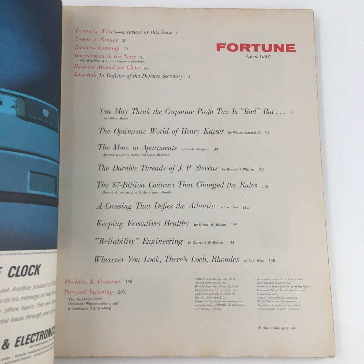Interior page of Fortune Magazine April 1963 displaying the table of contents with article titles related to business and industry trends.