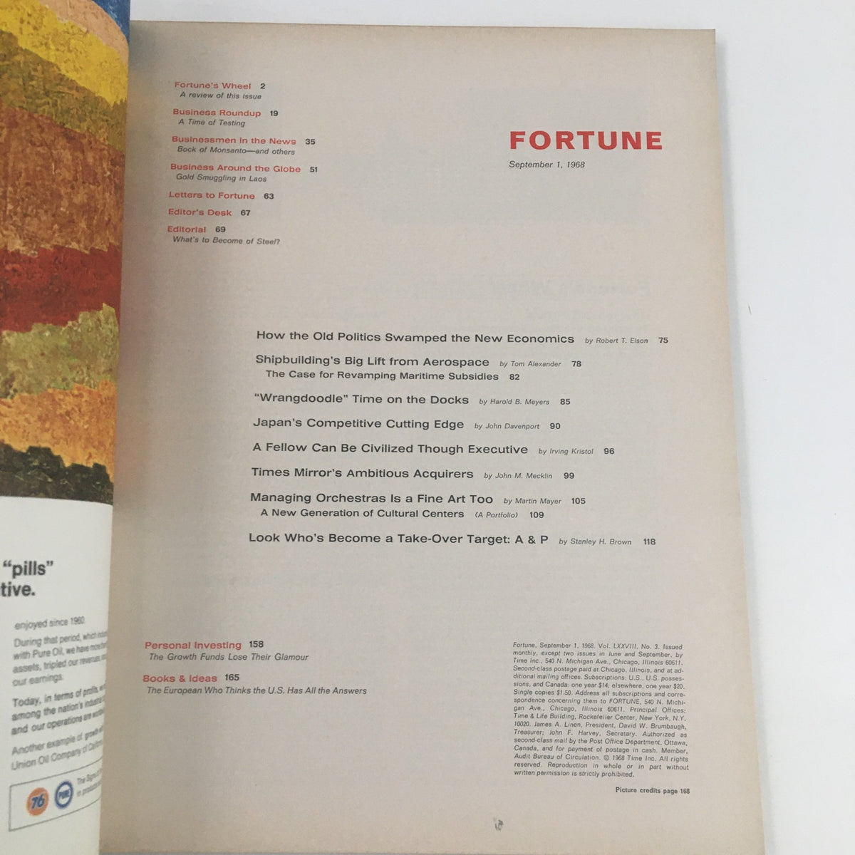 Interior page of Fortune Magazine September 1 1968 showing the table of contents, featuring articles about Japan's market strategies and the U.S. economy.