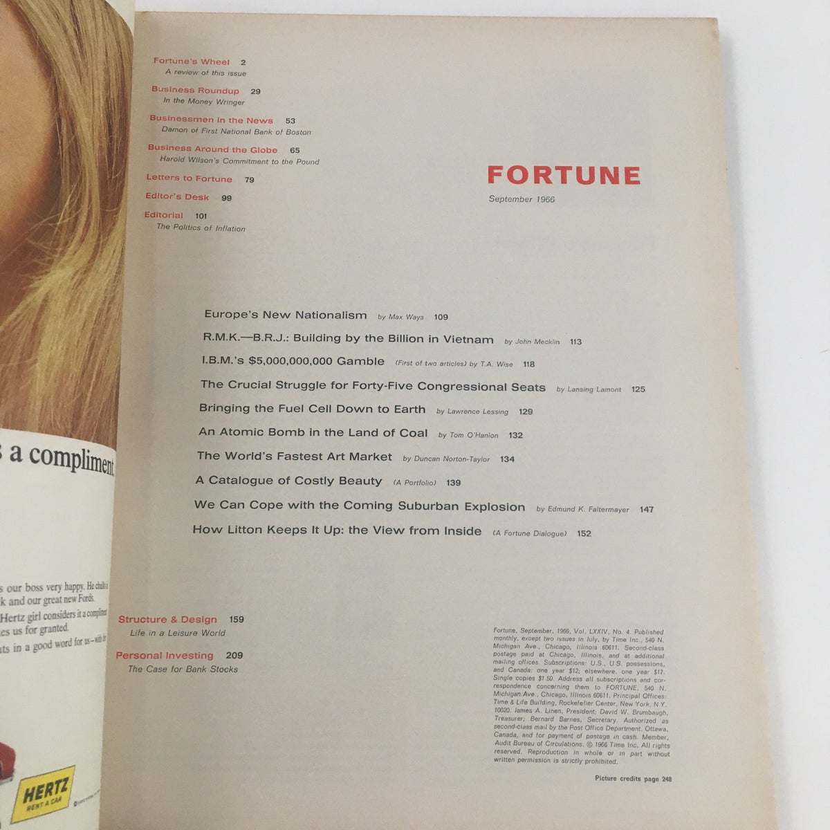 Fortune Magazine September 1966 contents page featuring articles on Vietnam, business, and economic themes relevant to the era.