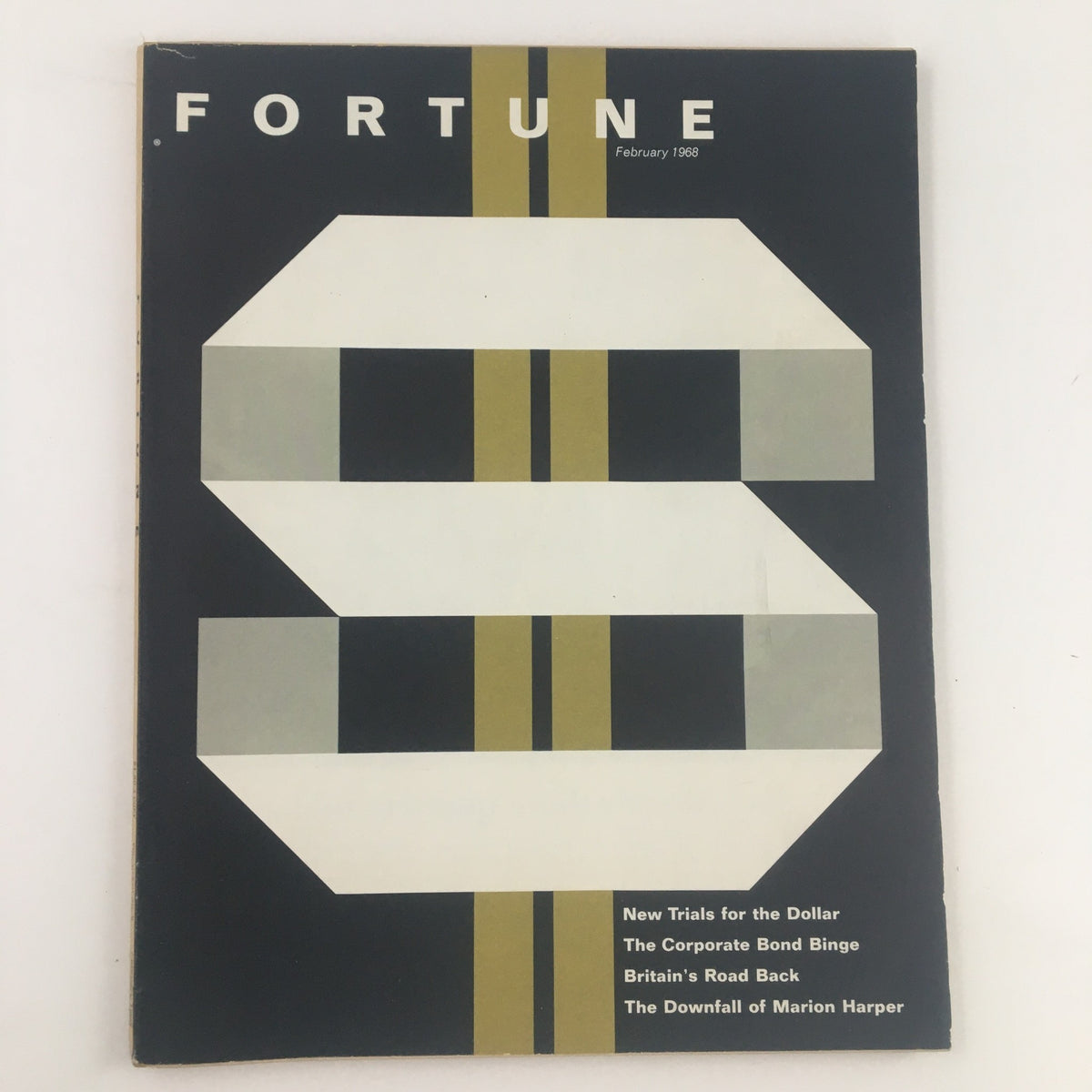 Cover of Fortune Magazine from February 1968 featuring the title 'The Downfall of Marion Harper'. The design includes bold graphics and text highlighting articles on 'New Trials for the Dollar', 'The Corporate Bond Binge', and 'Britain's Road Back'.