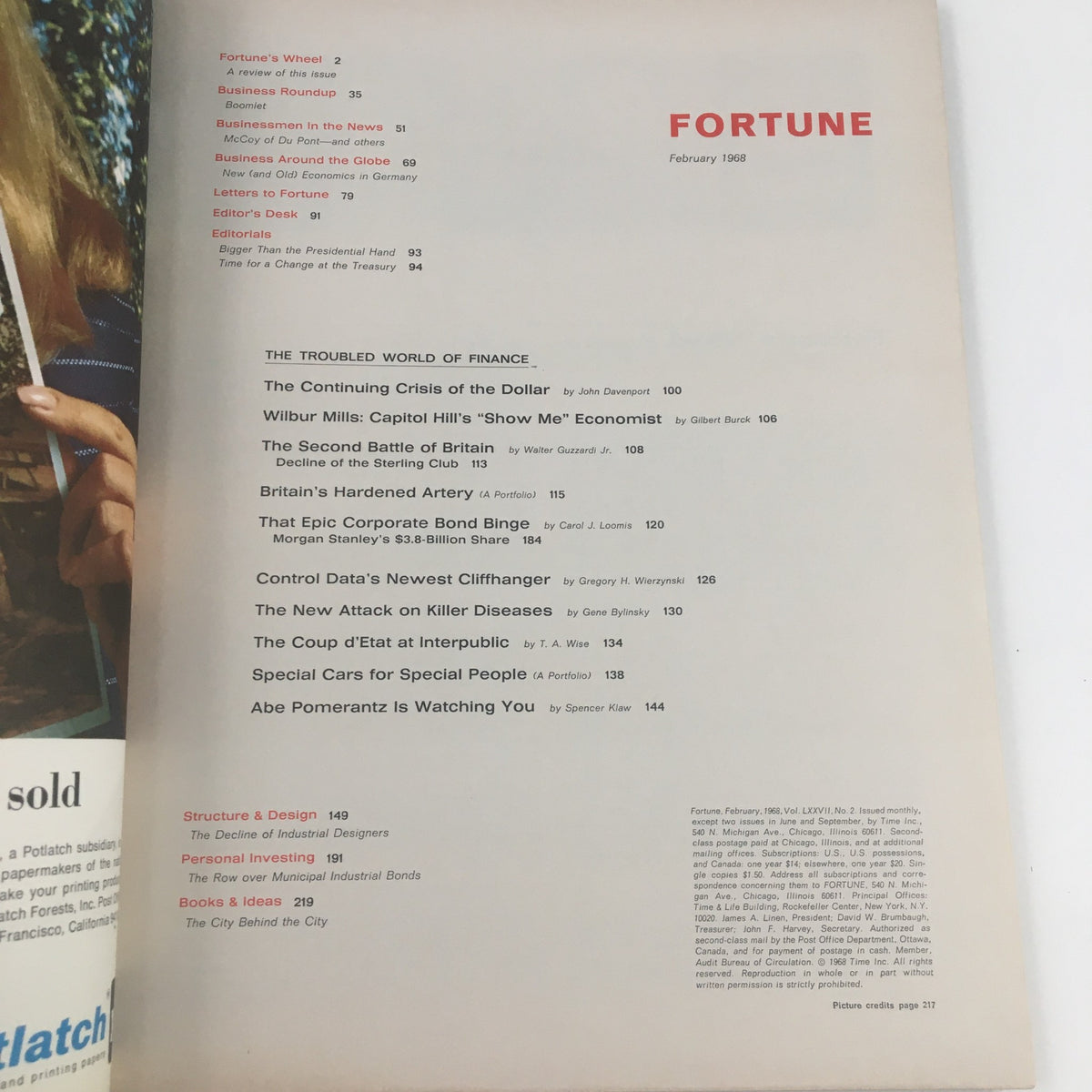 Interior page of Fortune Magazine February 1968, featuring the table of contents and articles related to business and finance, including "The Downfall of Marion Harper".