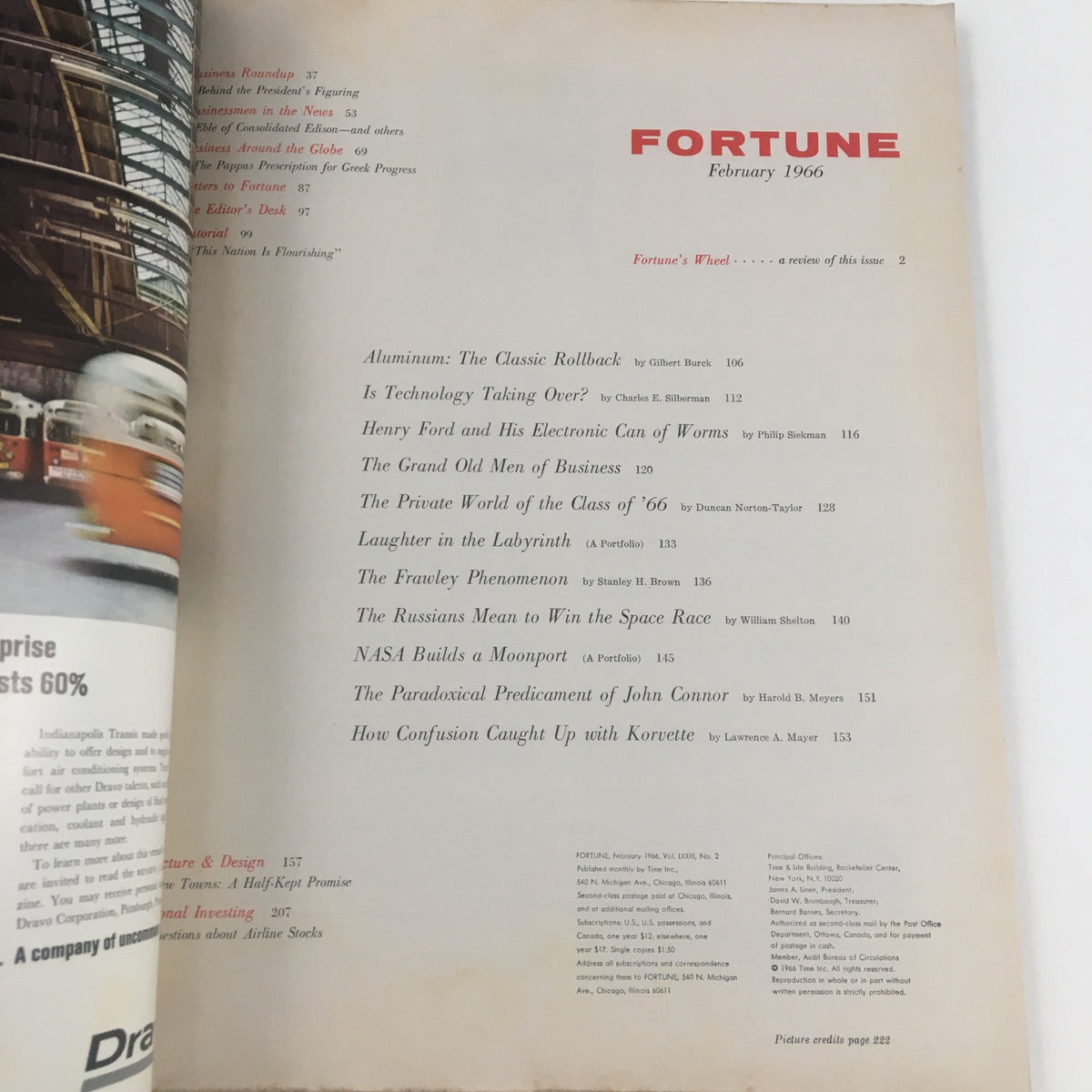 Interior page of Fortune Magazine February 1966 displaying the table of contents, which includes various articles and discussions relevant to the economic themes of the 1960s.