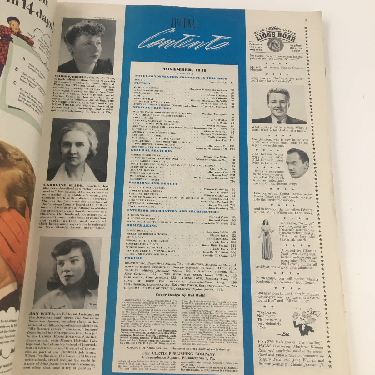 Table of contents page from Ladies' Home Journal Magazine November 1946, showcasing featured articles and the complete novel 'Susie' by Caroline S., along with images of contributing writers.