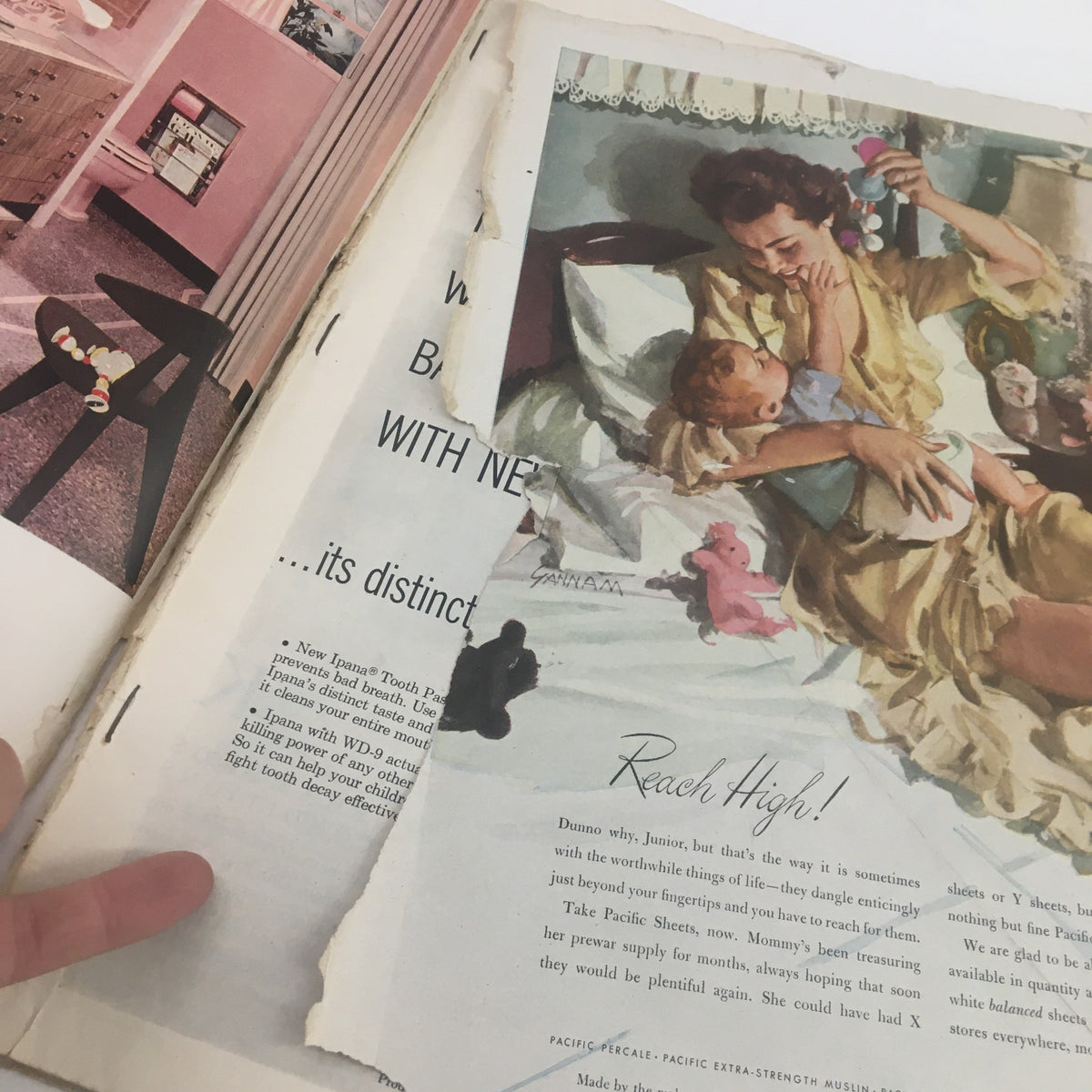 Inside pages of Ladies' Home Journal Magazine July 1957 displaying advertisements and illustrations reflective of 1950s culture.