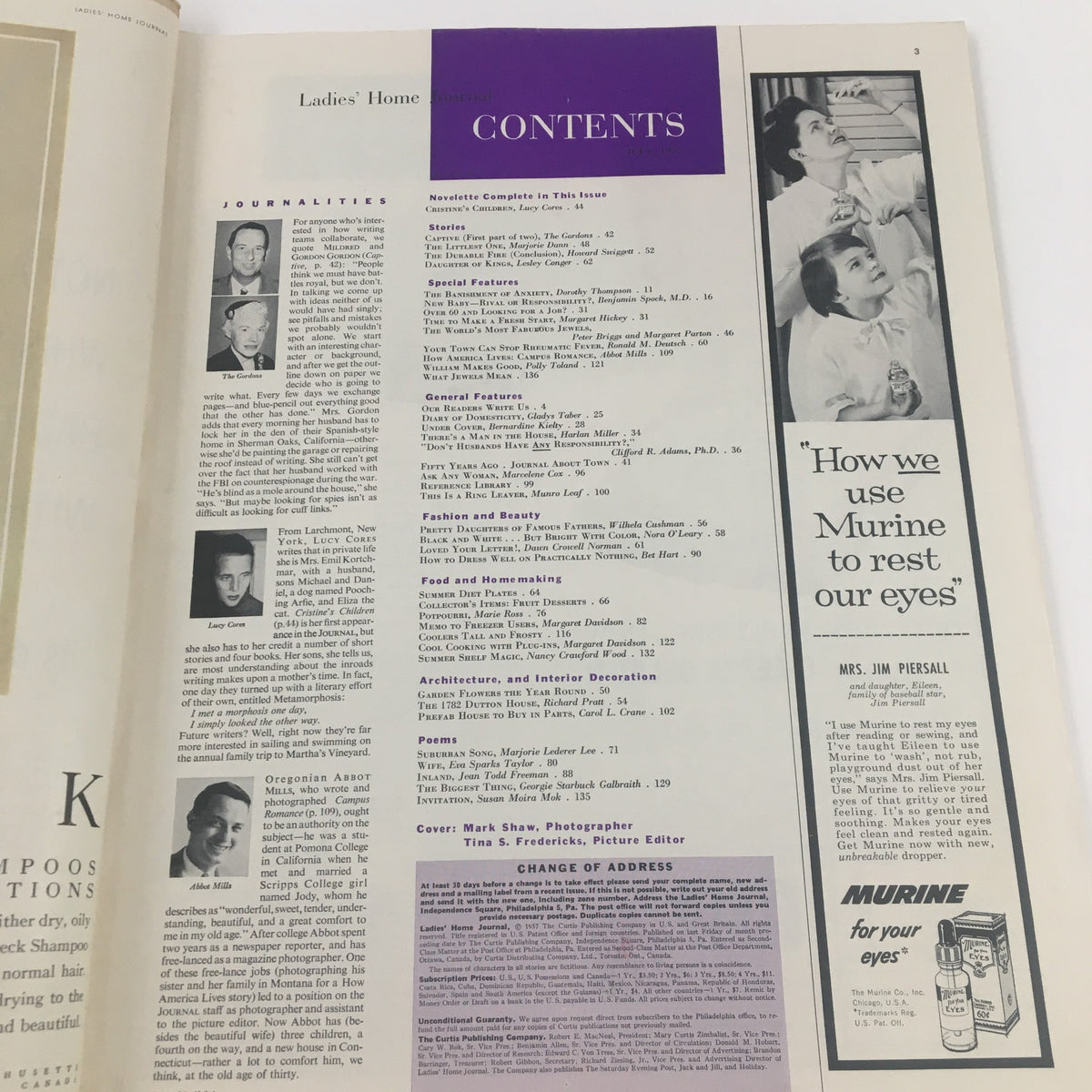 Ladies' Home Journal Magazine July 1957 CONTEXTS page listing articles and features from the issue, highlighting fashion, beauty, and interior design.