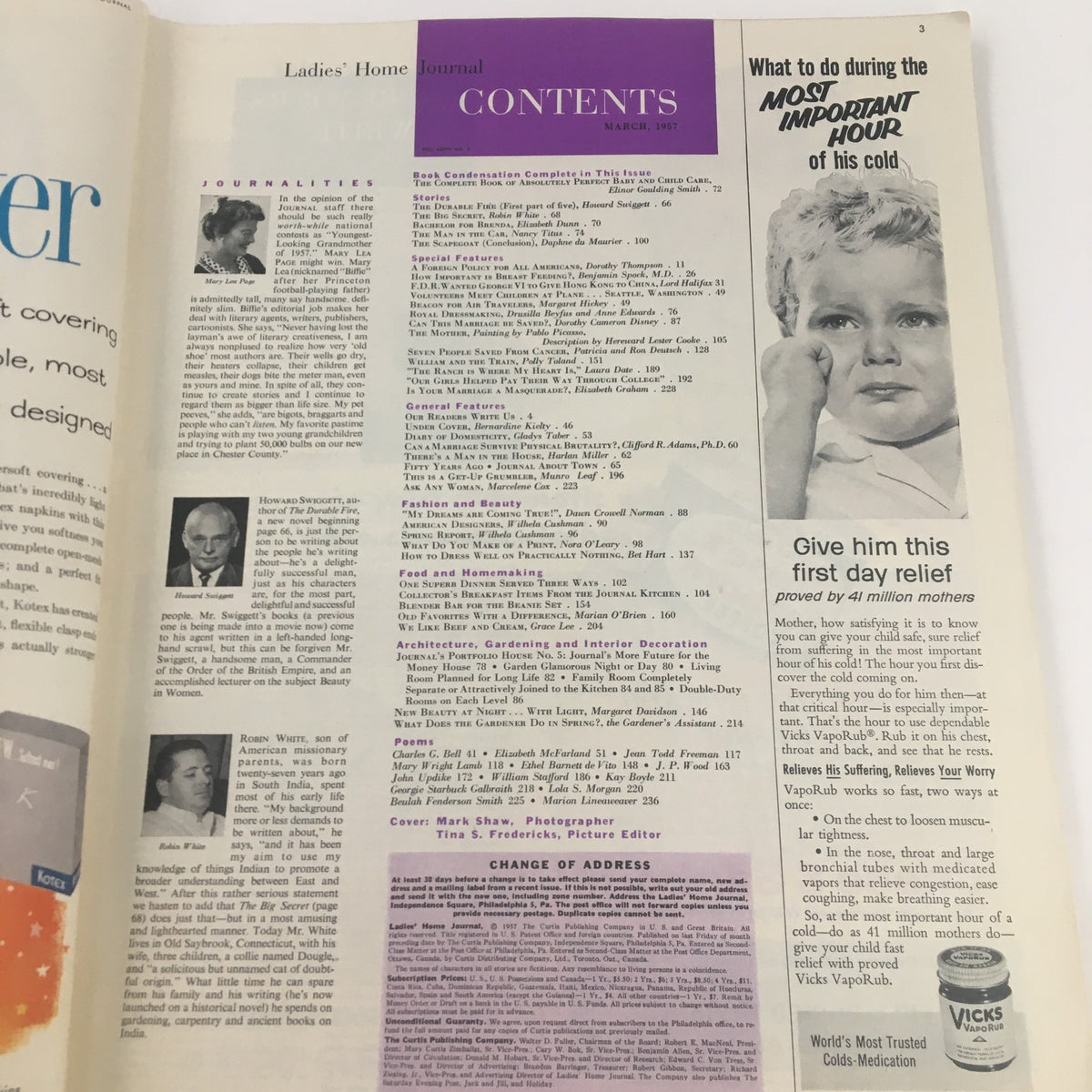 Contents page of Ladies' Home Journal Magazine March 1957, featuring various articles and topics including baby care.