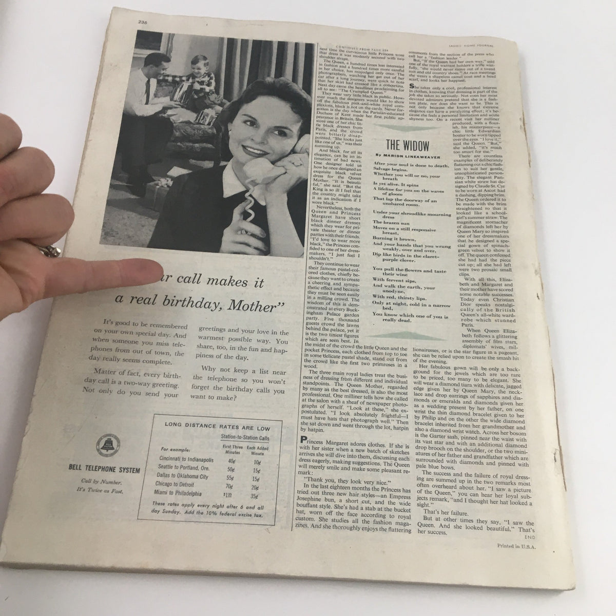 Page from Ladies' Home Journal Magazine March 1957 featuring a vintage article about birthday greetings, showcasing a woman speaking on the telephone, with a family scene in the background.