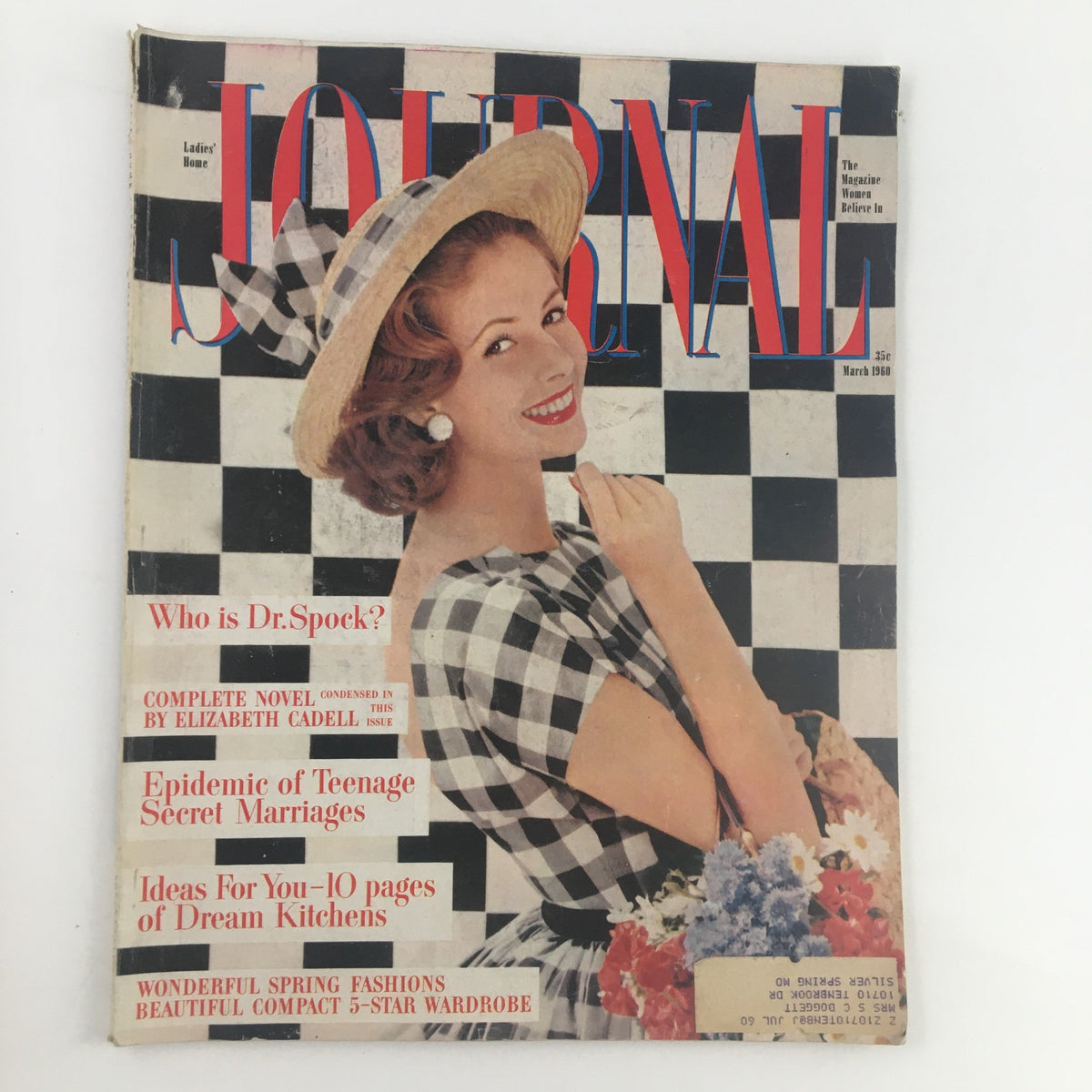 Ladies' Home Journal Magazine March 1960 cover featuring a smiling woman in a checkered dress and straw hat, highlighting the epidemic of teenage secret marriages.