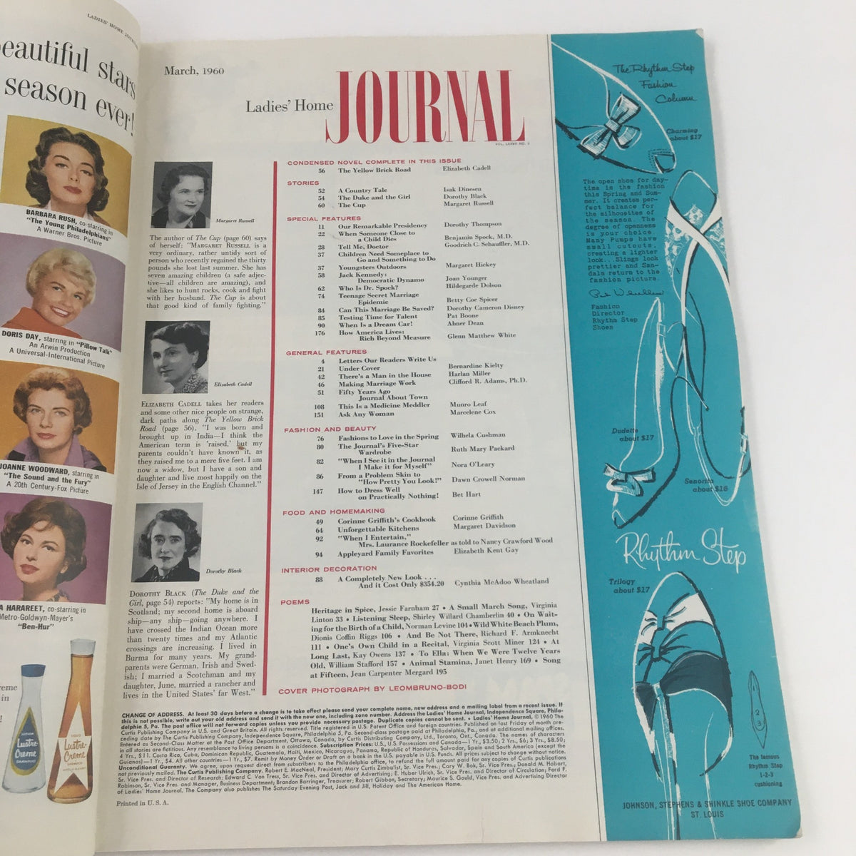 Inside page of the Ladies' Home Journal Magazine March 1960 featuring articles and advertisements, including a condensed novel section and a fashion illustration for Rhythmin Step shoes.