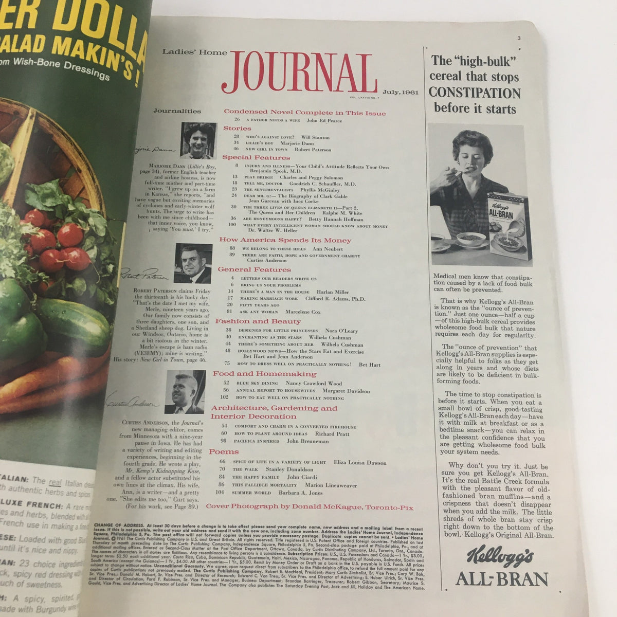 Interior page of Ladies' Home Journal Magazine July 1961 displaying the contents and features of the issue, highlighting articles related to fashion, beauty, and homemaking.