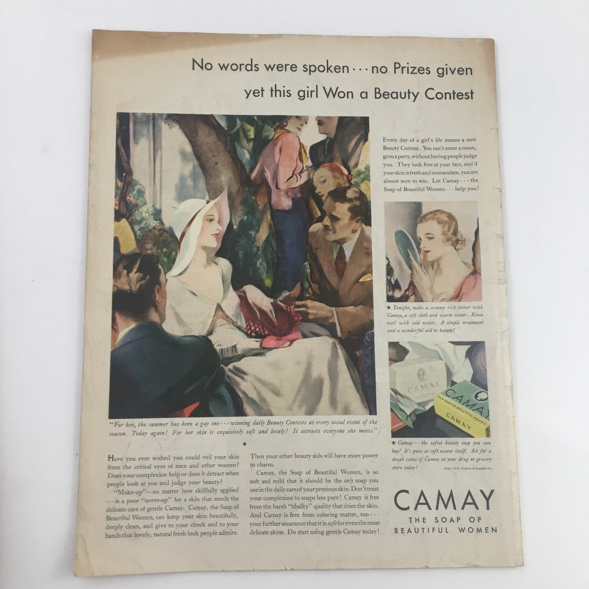 Back cover of Ladies' Home Journal Magazine August 1932 showing an advertisement for Camay soap, emphasizing beauty contests and vintage advertising style.