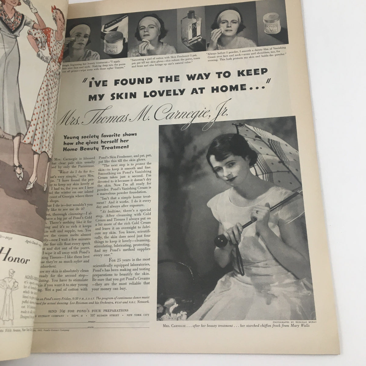 Interior page of Ladies' Home Journal Magazine August 1932 featuring a beauty treatment article with Mrs. Thomas M. Carnegie, Jr., displaying vintage skincare practices.