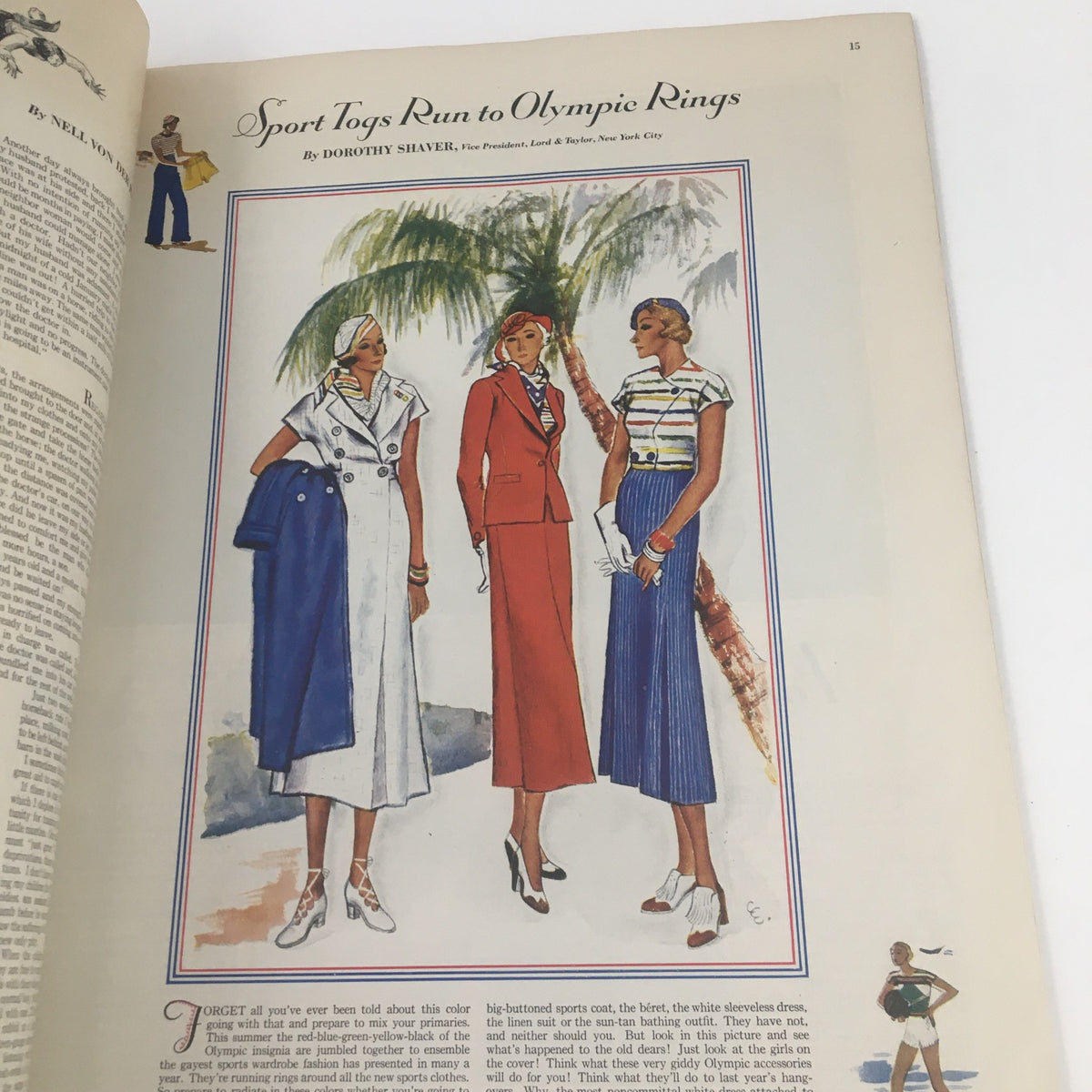 Illustration from Ladies' Home Journal Magazine August 1932, featuring fashionable women in sporty outfits, alongside the article titled 'Sport Togs Run to Olympic Rings' by Dorothy Shaver.
