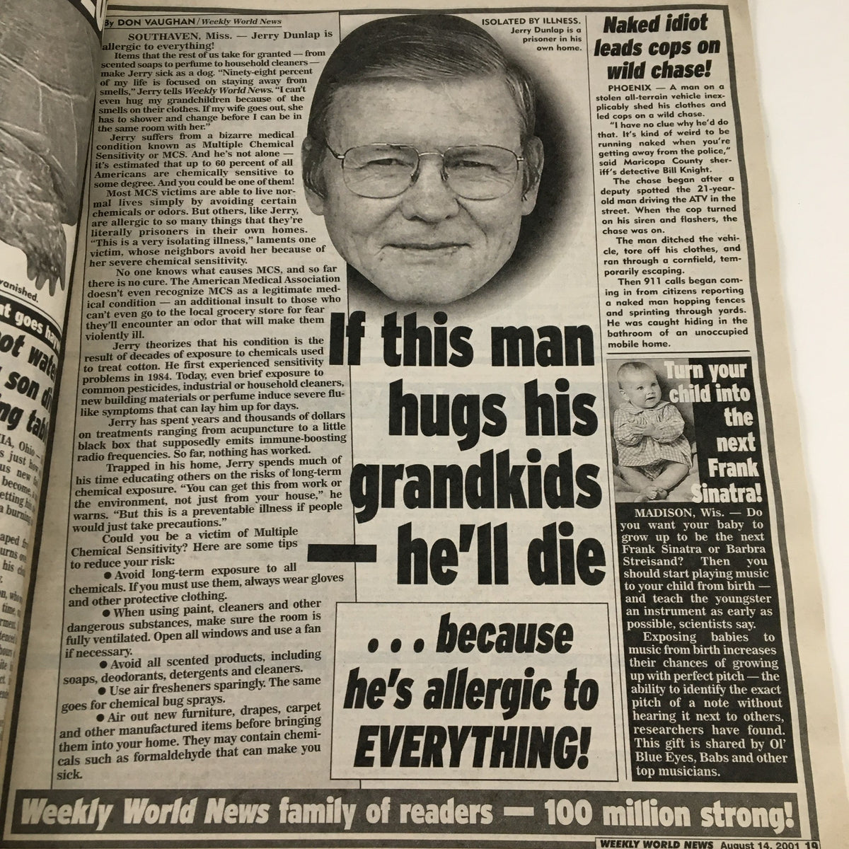 Weekly World News August 14 2001 including an article about a man allergy that claims 'If This Man Hugs His Grandkids He'll Die' emphasizing unique health concerns in a humorous context.