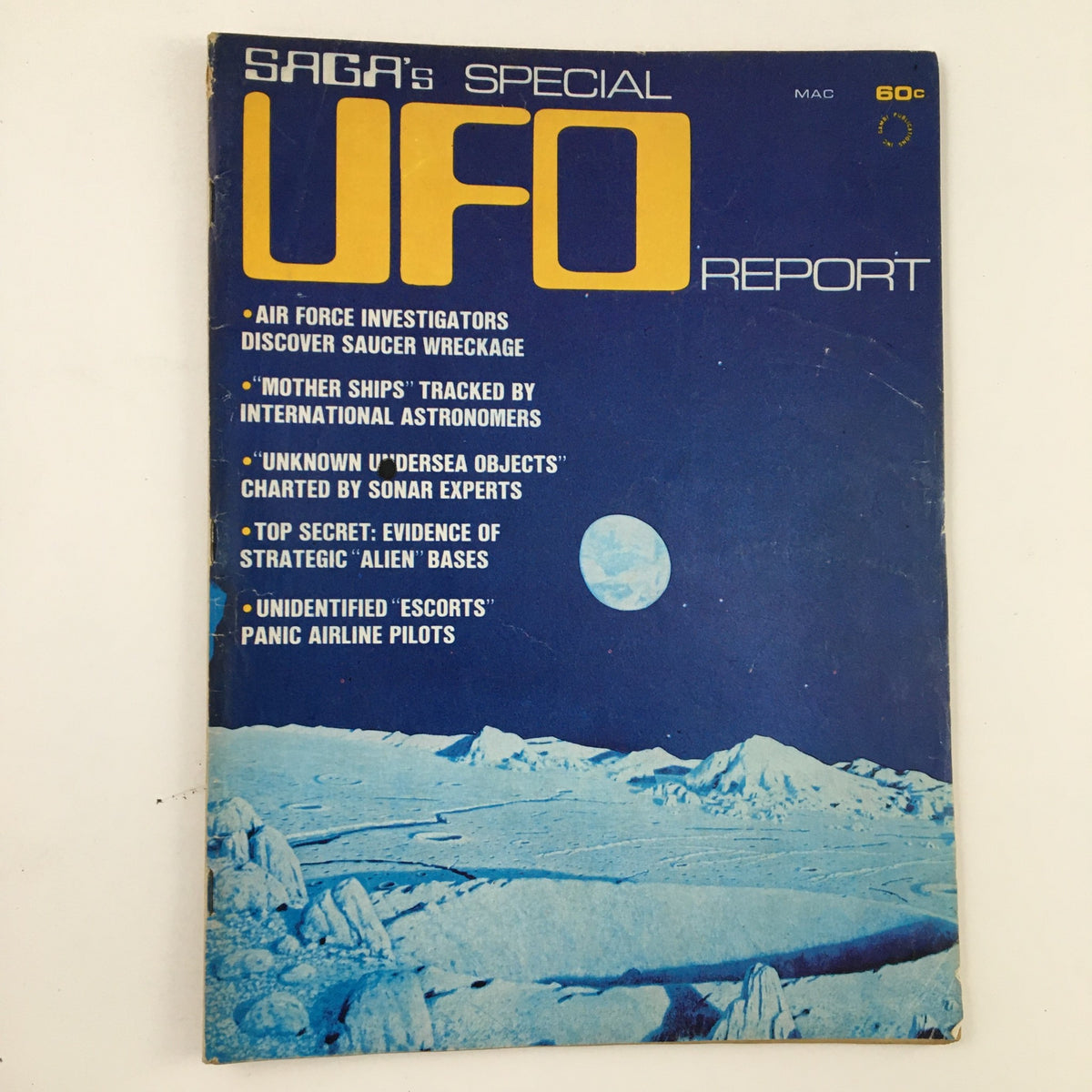 Cover of UFO Report Magazine January 1969 featuring the title 'Saga's Special UFO Report' with articles on Air Force investigations of saucer wreckage and other UFO phenomena.