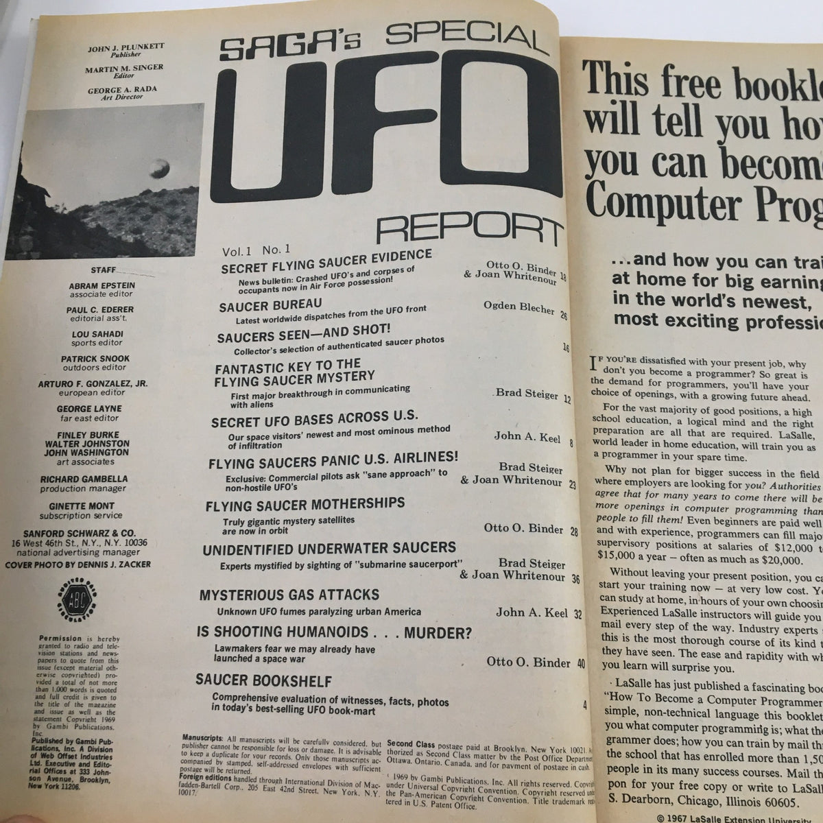 Inside spread of UFO Report Magazine January 1969 showing content details such as articles on UFO evidence, mysterious gas attacks, and the flying saucer mystery.