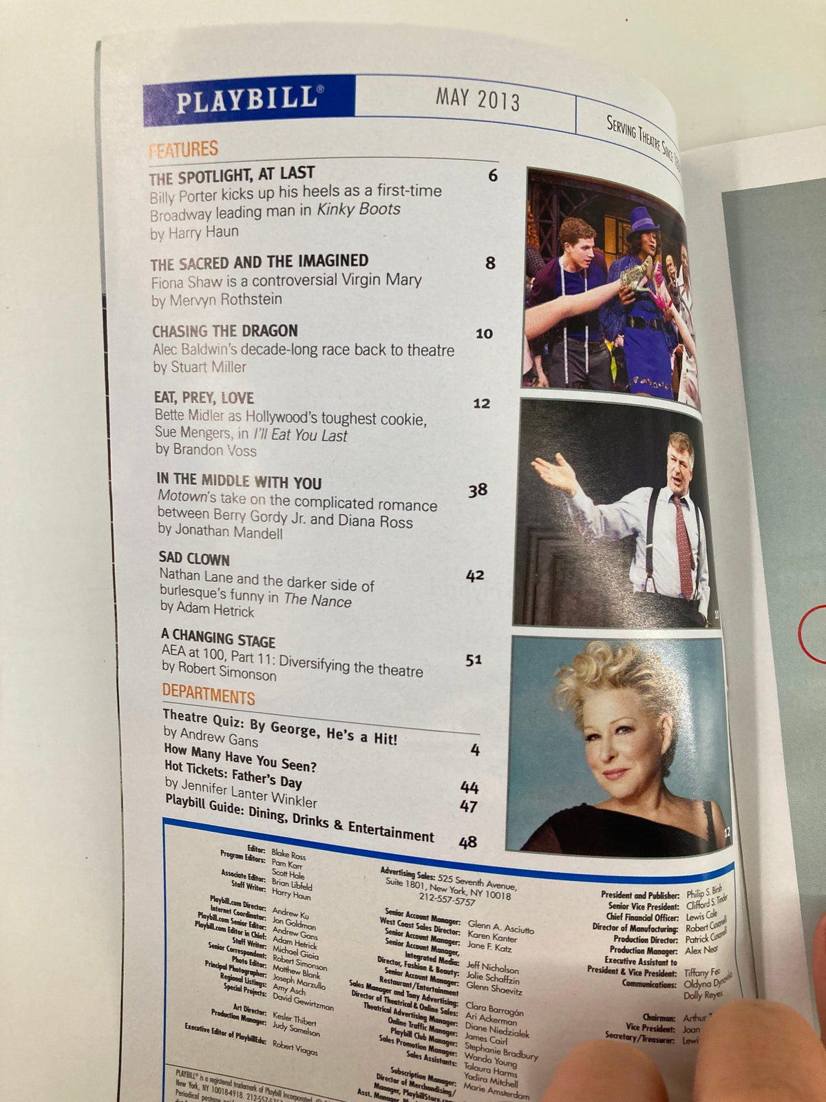 Page from the May 2013 Playbill featuring information about various Broadway performances including 'Kinky Boots'.