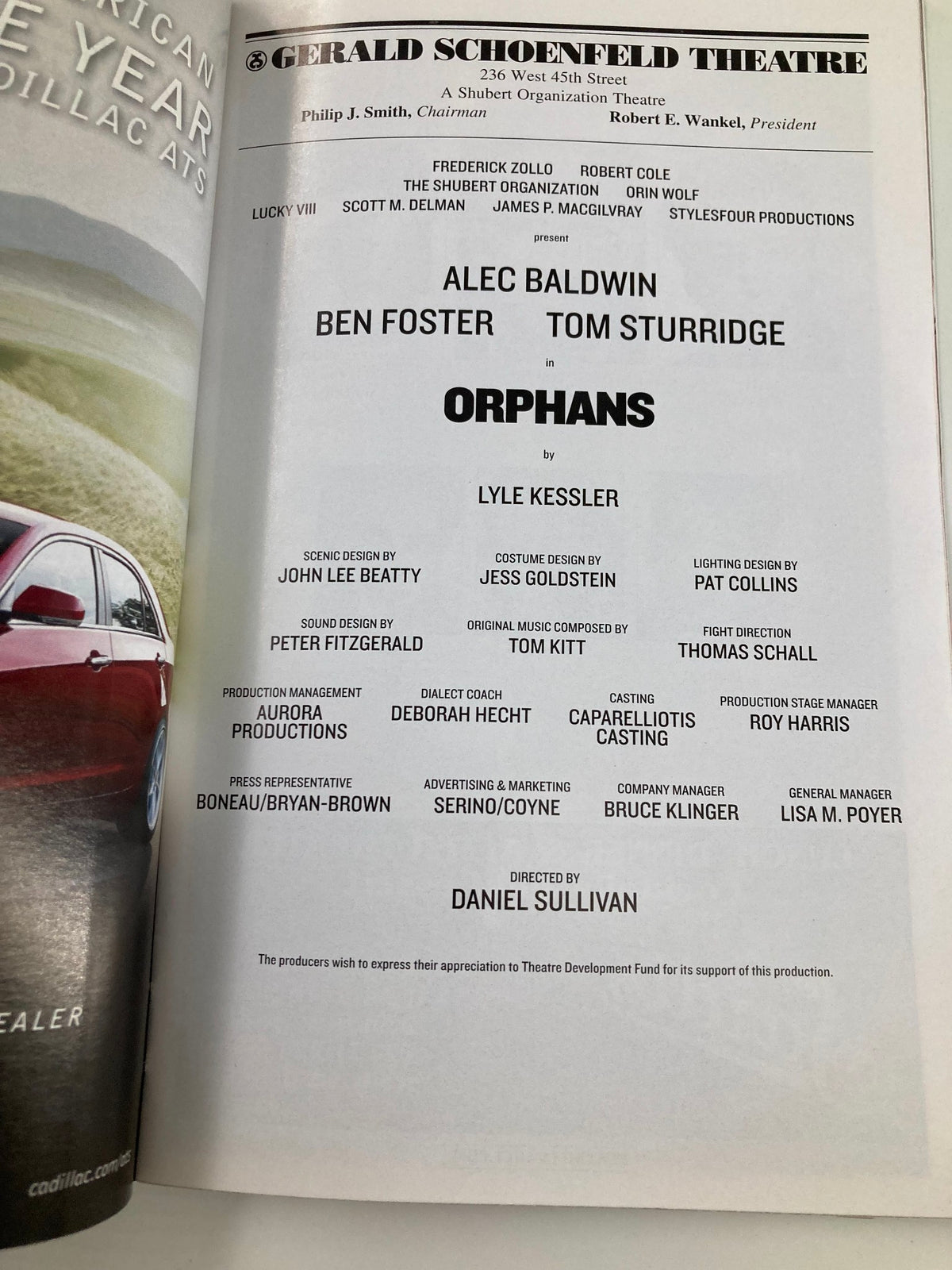 Page from the 2013 Playbill for the Gerald Schoenfeld Theatre featuring cast details of 'Orphans' starring Alec Baldwin, Ben Foster, and Tom Sturridge.
