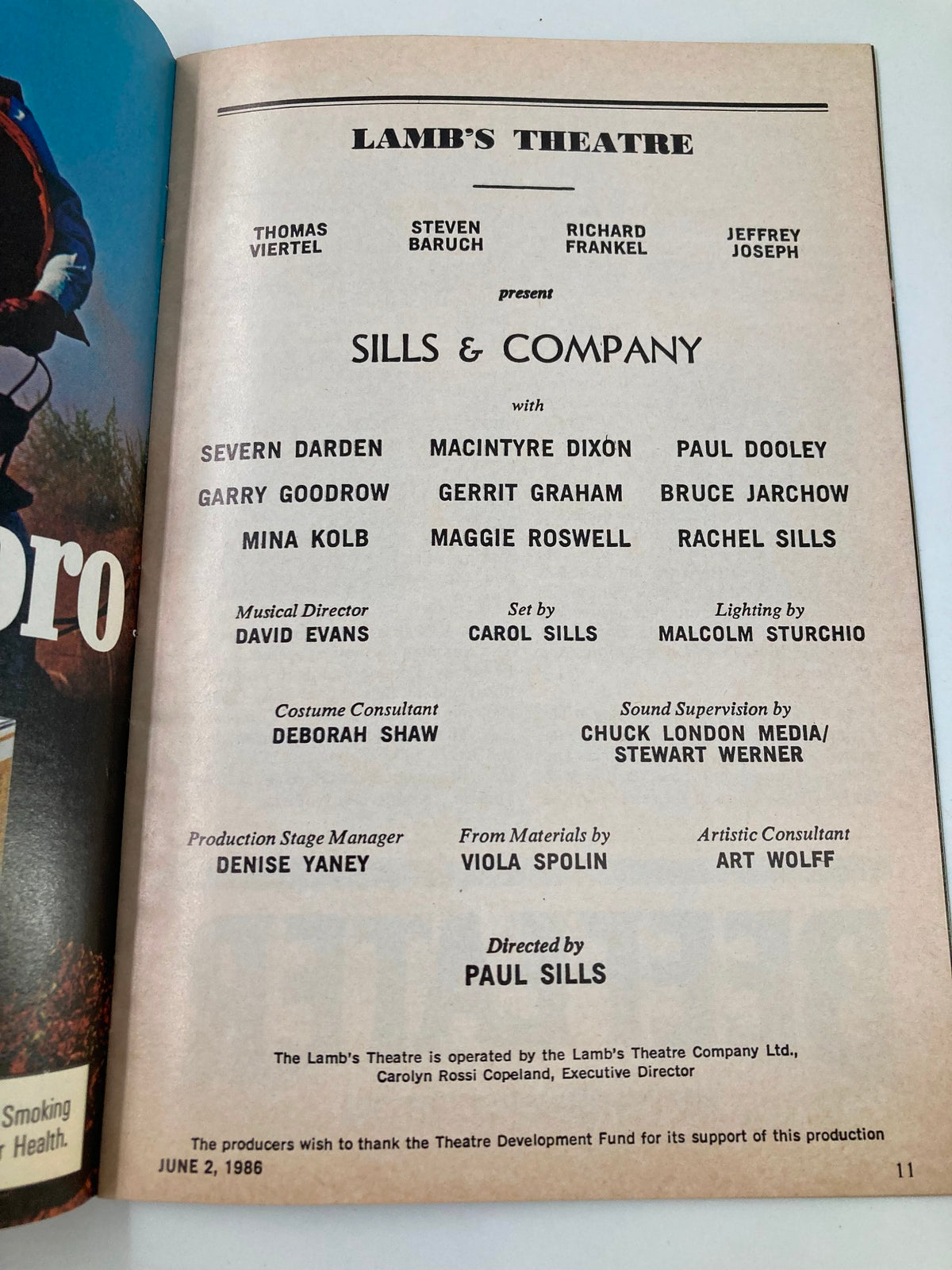 Inside page of the 1986 Playbill for Lamb's Theatre, listing cast and crew members for Sills & Company, highlighting contributors and production details.