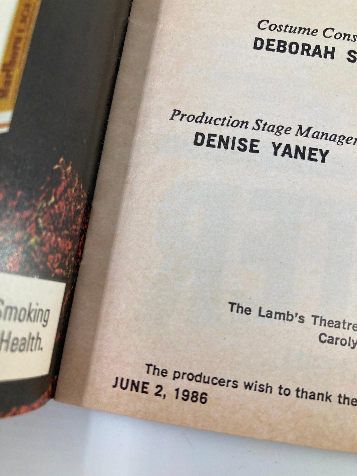 Close-up shot of the production details in the 1986 Playbill for Lamb's Theatre, including the date June 2, 1986 and stage manager information.