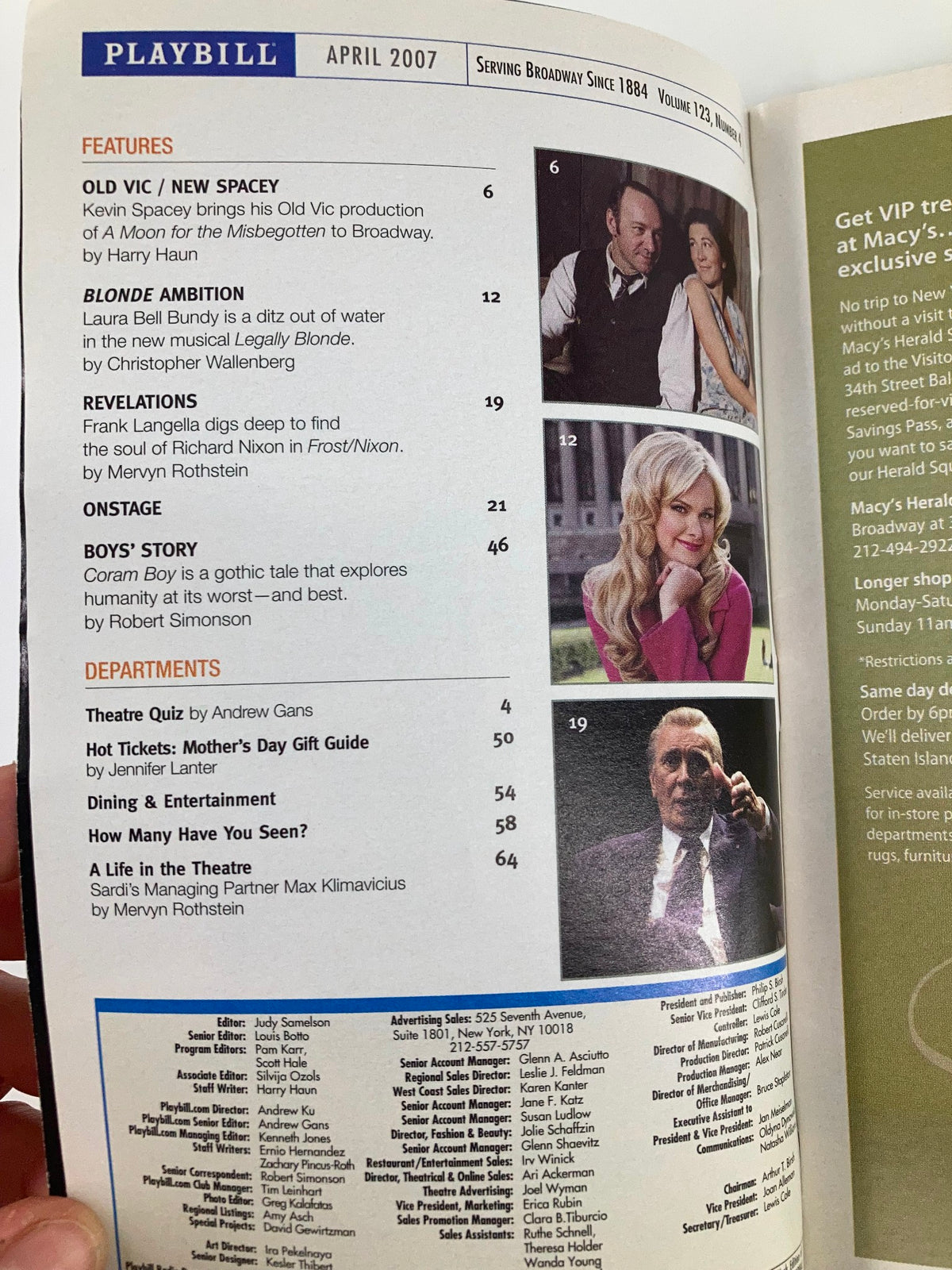 Inside page of the 2007 Playbill for A Moon for the Misbegotten showcasing features and advertisements.