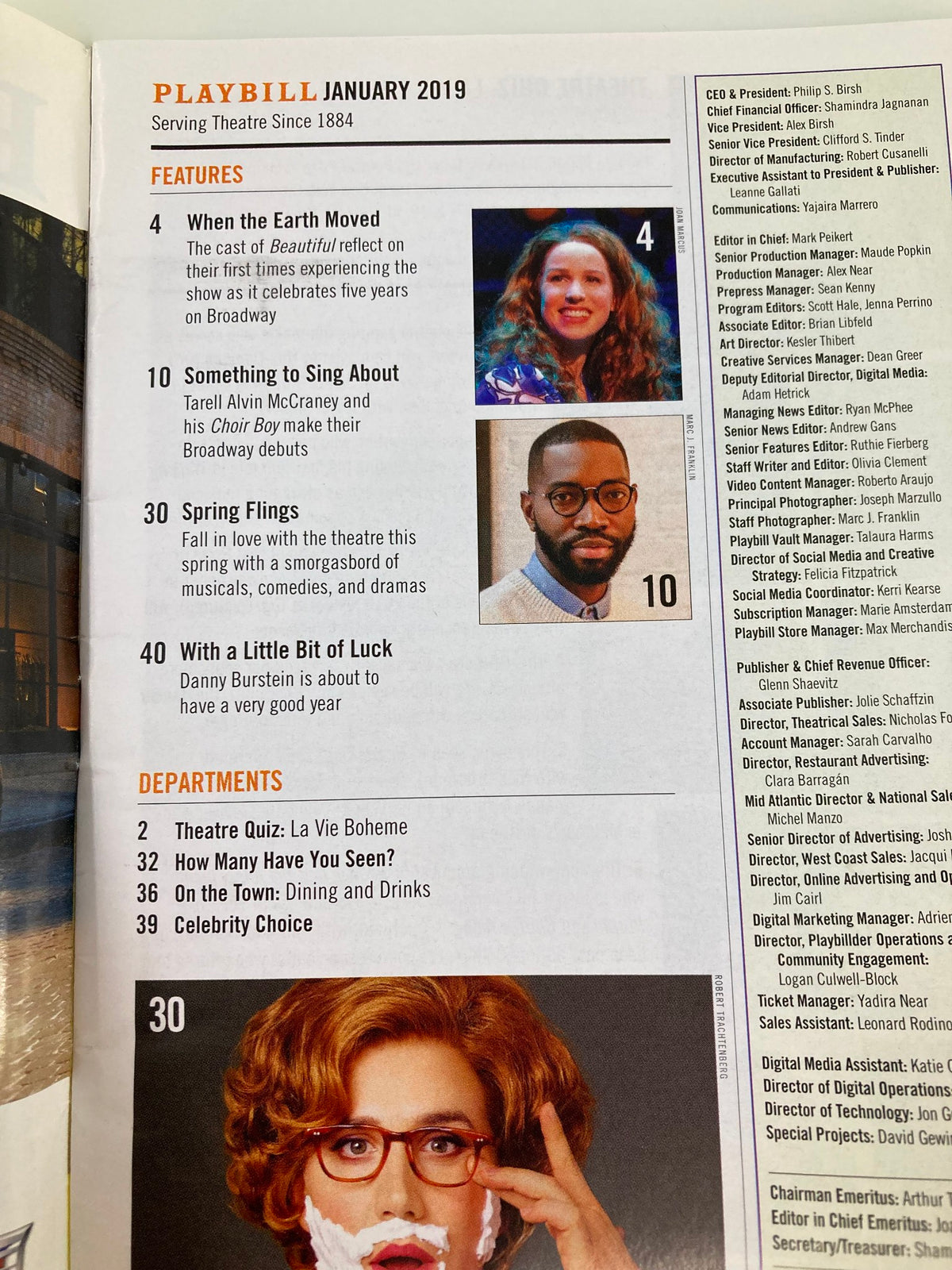 Inside page of the January 2019 Playbill featuring articles and features, highlighting events and performances at the Majestic Theatre.