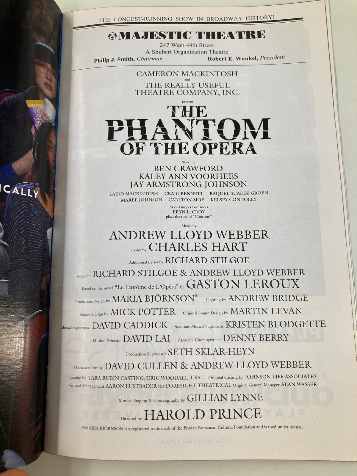 2019 Playbill for The Phantom of the Opera featuring Ben Crawford, presented at Majestic Theatre, showcasing the iconic logo and cast credits including Andrew Lloyd Webber.