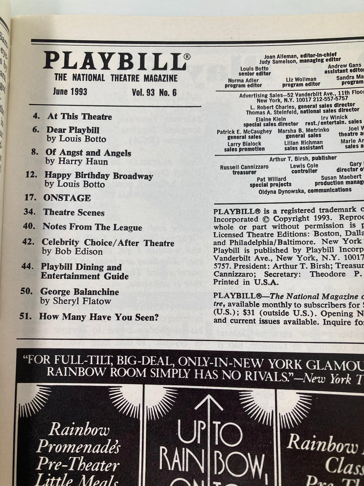 Inside page of the June 1993 Playbill, including various Broadway content and articles related to live theatre.