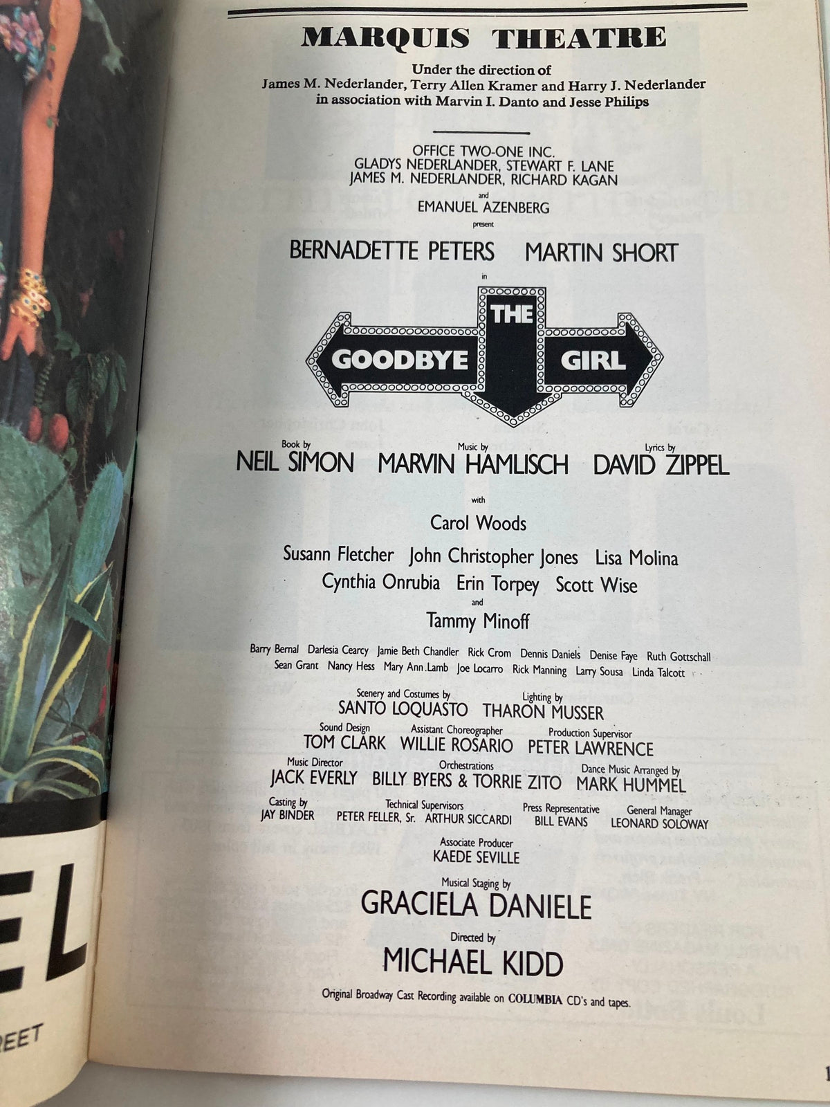 1993 Playbill from The Goodbye Girl at Marquis Theatre featuring Bernadette Peters and Martin Short, showcasing the cast and creative team details with imagery related to the production.
